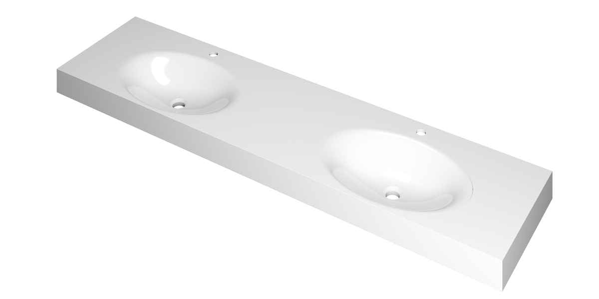 Ink Smooth meubelwastafel 180x45cm polystone - dubbel - 2 kraangaten - glans wit