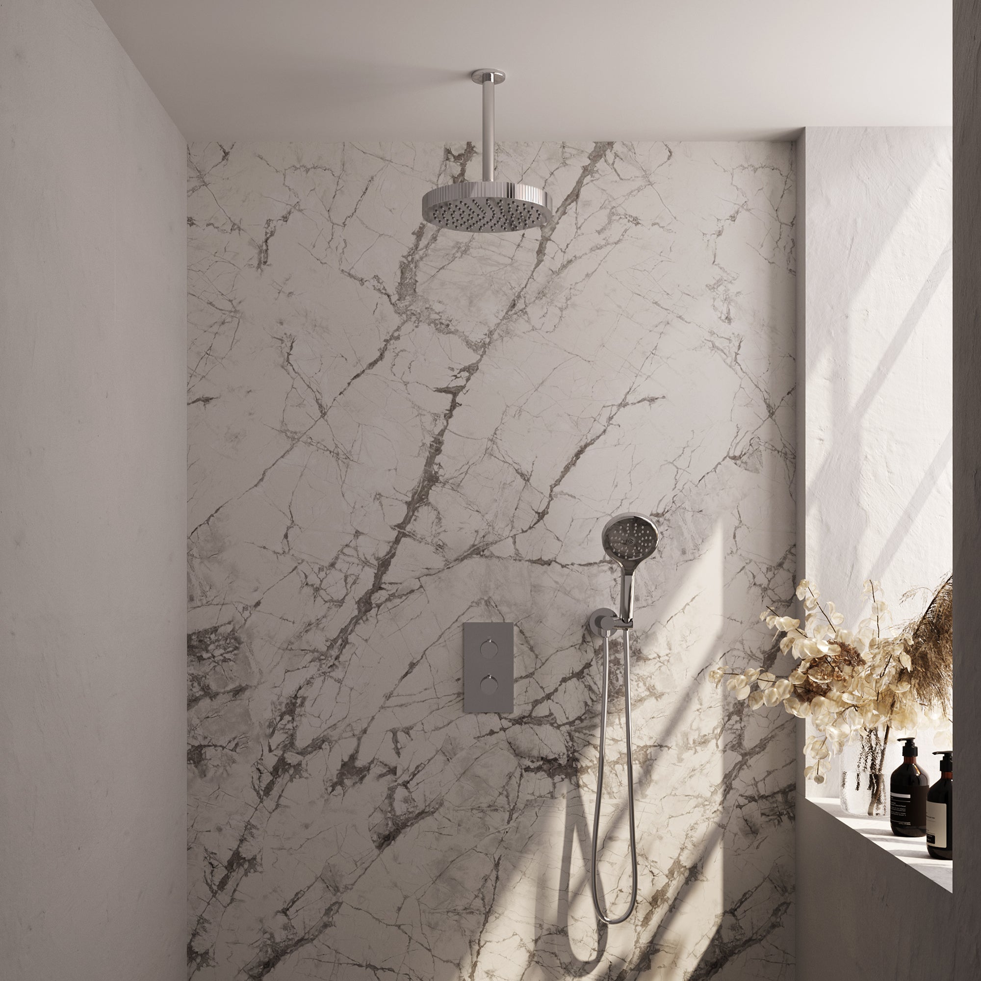 Brauer Stripe thermostatische inbouw regendouche rechthoekig  - 20cm plafondbuis - 3-standen handdouche - wandhouder - chroom
