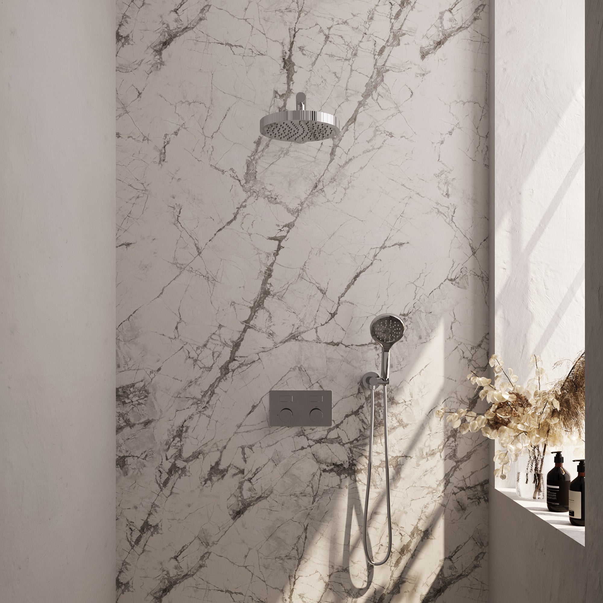 Brauer Stripe inbouw regendoucheset met drukknoppen - rechte wandarm - 3-standen handdouche - wandhouder - chroom