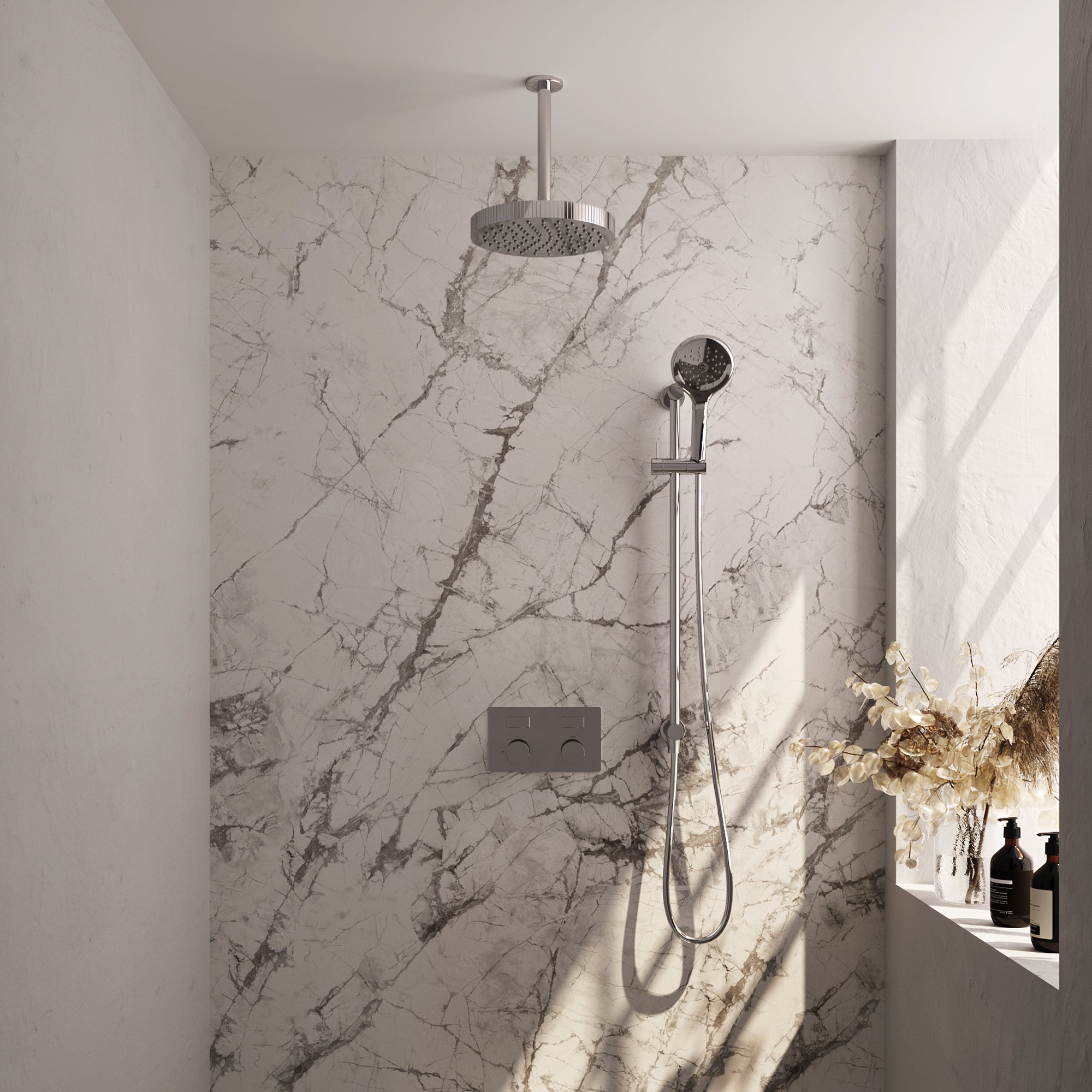 Brauer Stripe inbouw regendoucheset met drukknoppen  - 20cm plafondbuis - 3-standen handdouche - glijstang - chroom