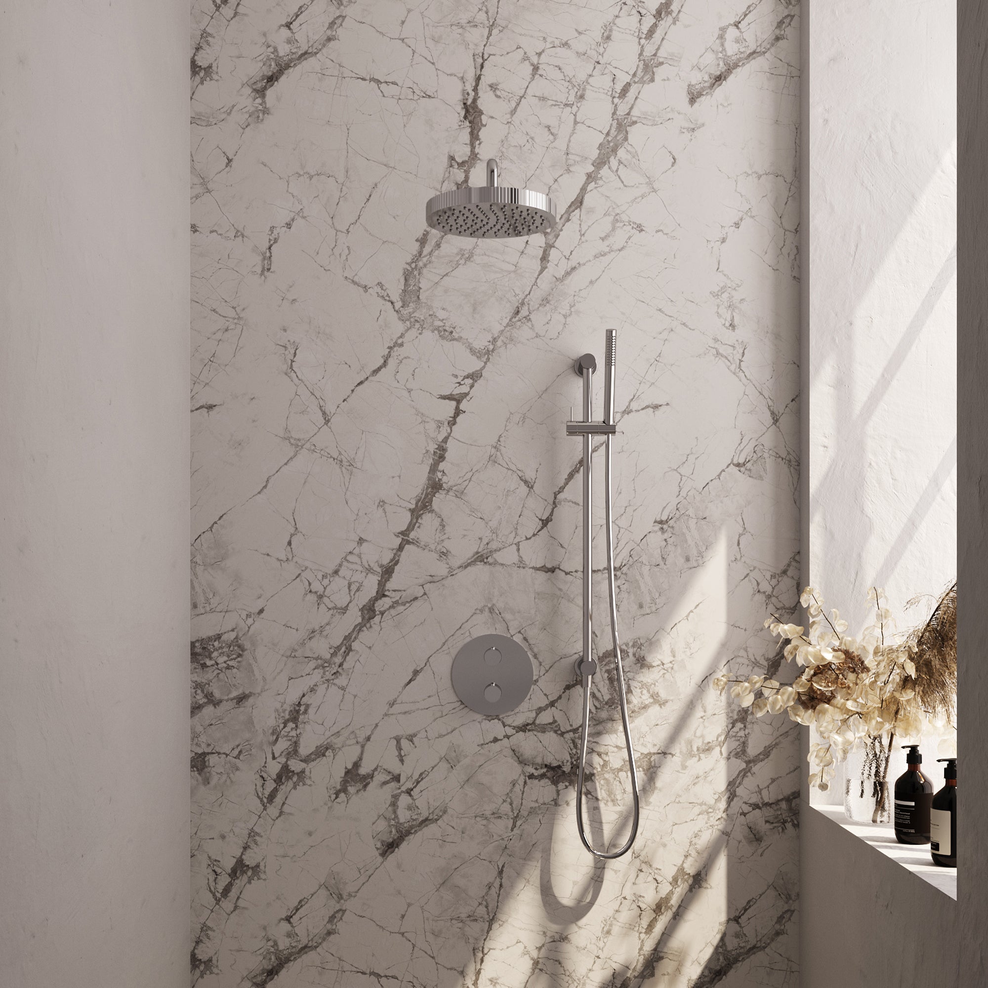 Brauer Stripe inbouw regendoucheset rond - gebogen wandarm - staafhanddouche - glijstang - chroom