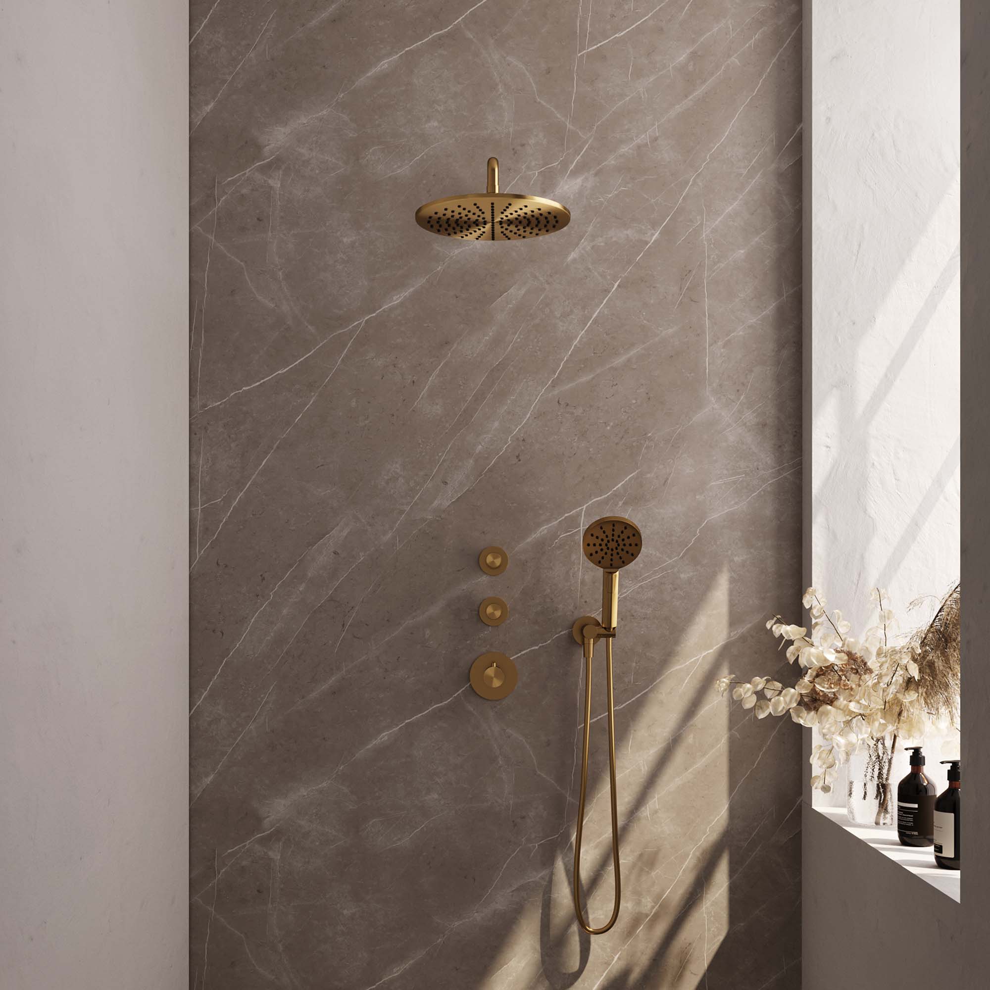 Brauer Edition thermostatische inbouw doucheset - hoofddouche 30cm - wandarm gebogen - ronde handdouche - Geborsteld Goud PVD