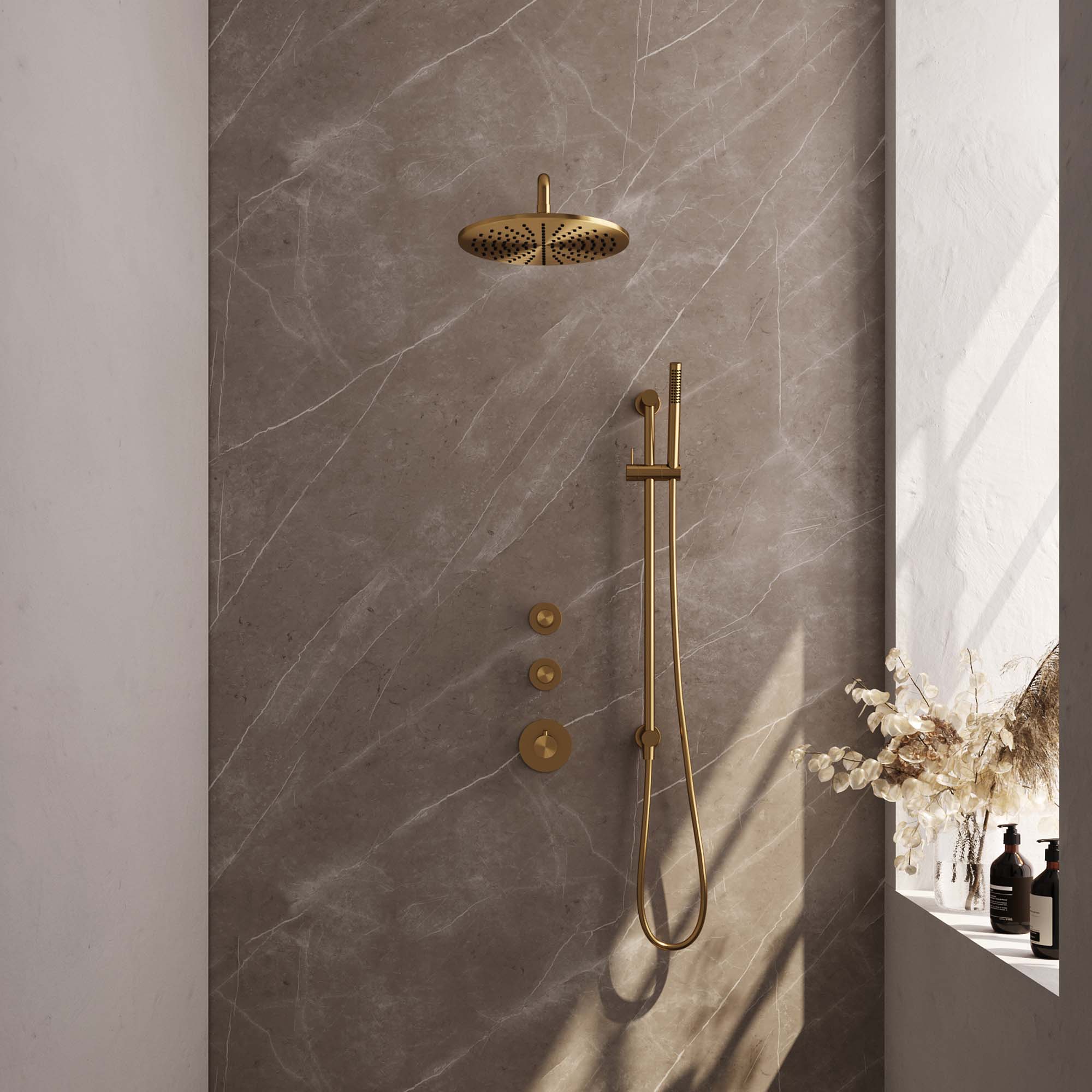 Brauer Edition thermostatische inbouw doucheset - hoofddouche 30cm - wandarm gebogen - staafhanddouche - Glijstang - Geborsteld Goud PVD