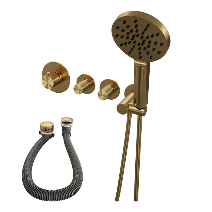 Brauer Carving inbouw badthermostaat met badafvoer/vulcombinatie - 3-standen handdouche - Geborsteld Goud PVD