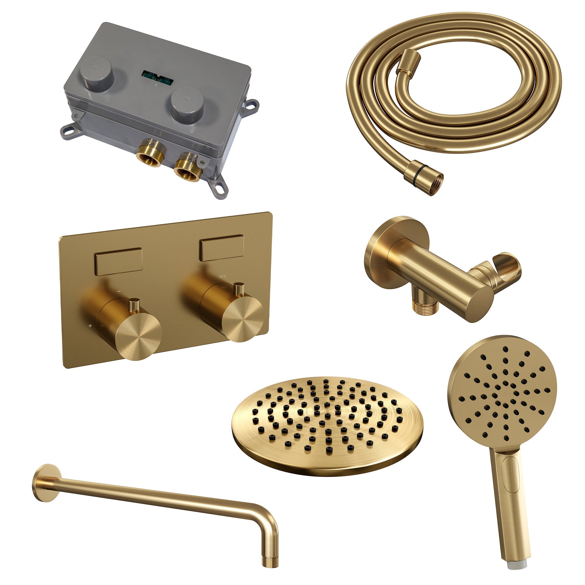 Brauer Edition inbouw doucheset - ronde handdouche - 20cm hoofdouche - gebogen wandarm - wandsteun - Geborsteld Goud PVD