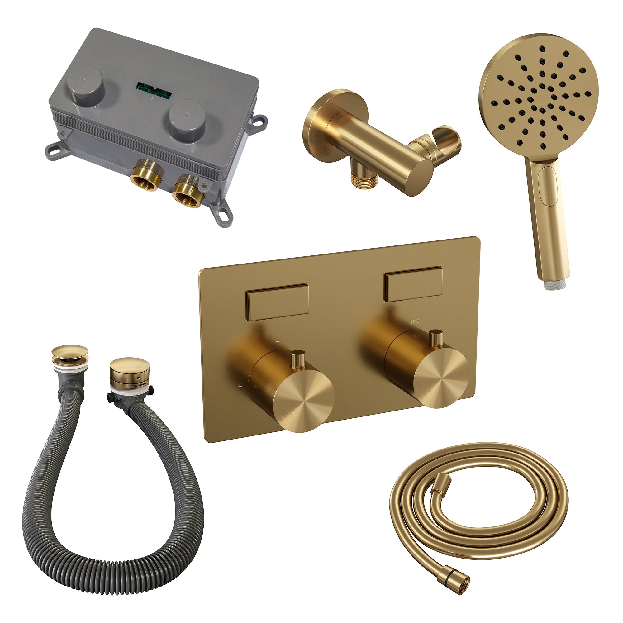 Brauer Edition inbouw badthermostaat - drukknoppen - badafvoer/vulcombinatie - 3-standen handdouche - Geborsteld Goud PVD