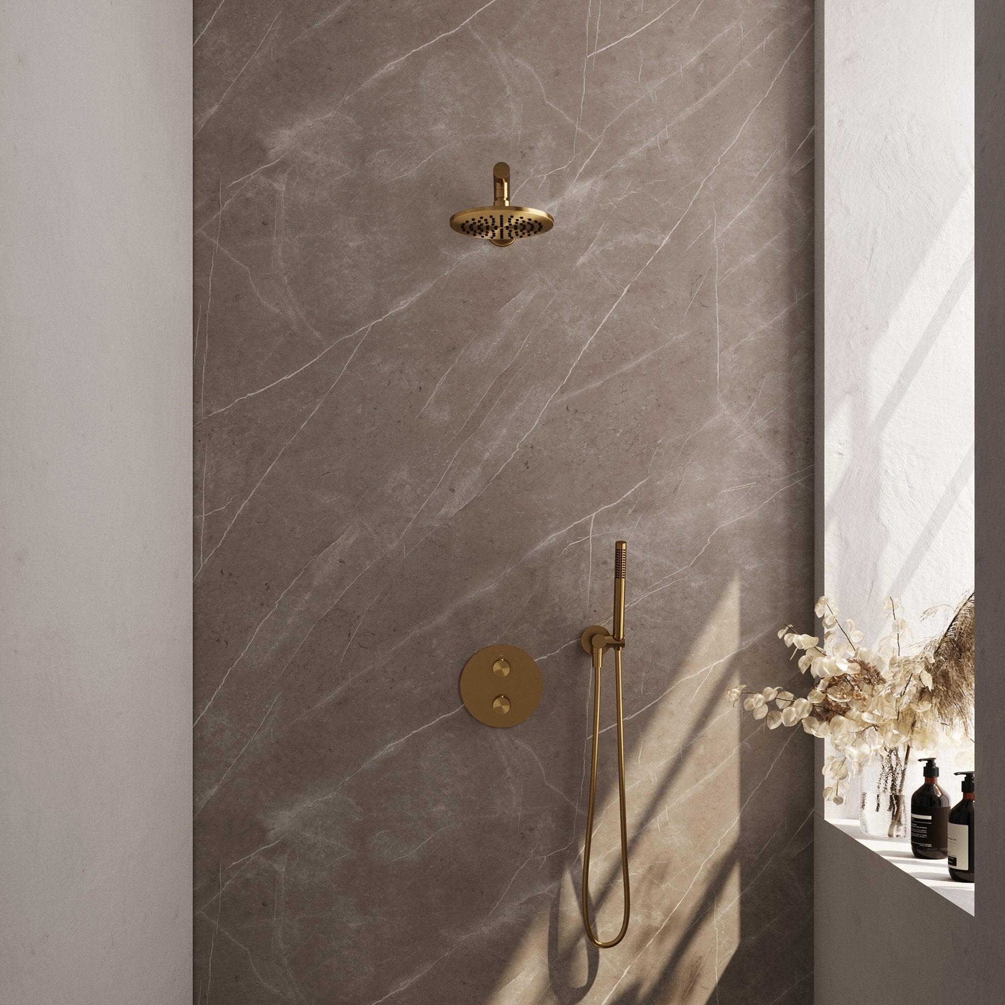 Brauer Edition inbouw regendoucheset 3-weg rond - 20cm hoofddouche - rechte wandarm - staafhanddouche - wandhouder - Geborsteld Goud PVD