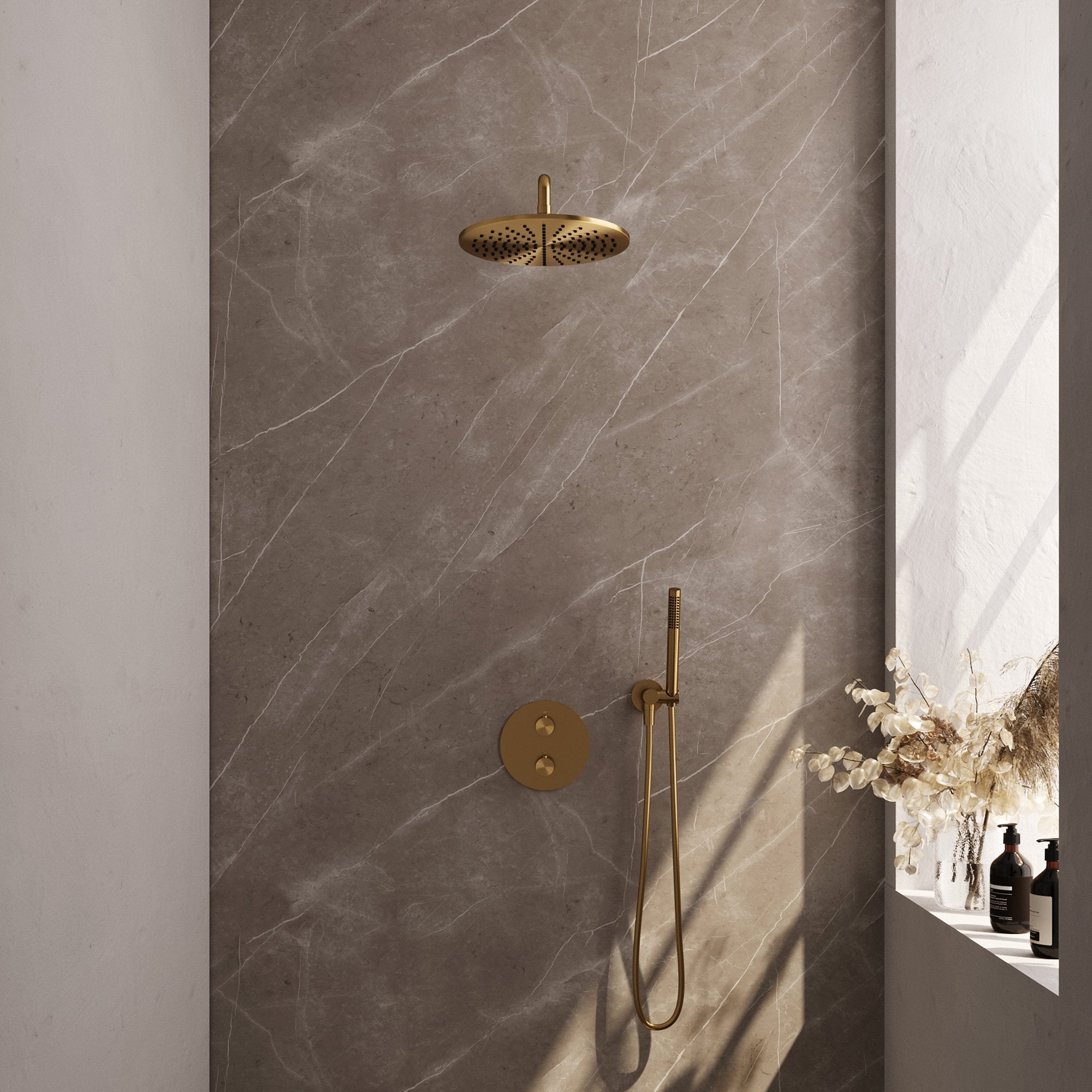 Brauer Edition inbouw regendoucheset 3-weg rond - 30cm hoofddouche - gebogen wandarm - staafhanddouche - wandhouder - Geborsteld Goud PVD