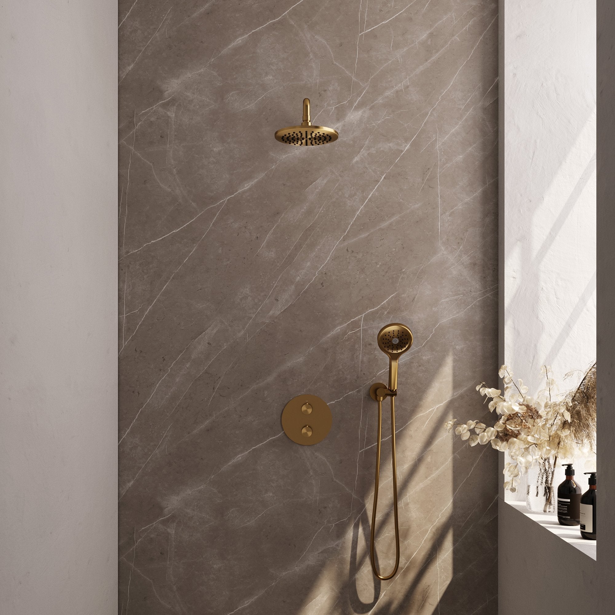 Brauer Edition inbouw regendoucheset 3-weg rond - 20cm hoofddouche - gebogen wandarm - 3 standen handdouche - wandhouder - Geborsteld Goud PVD