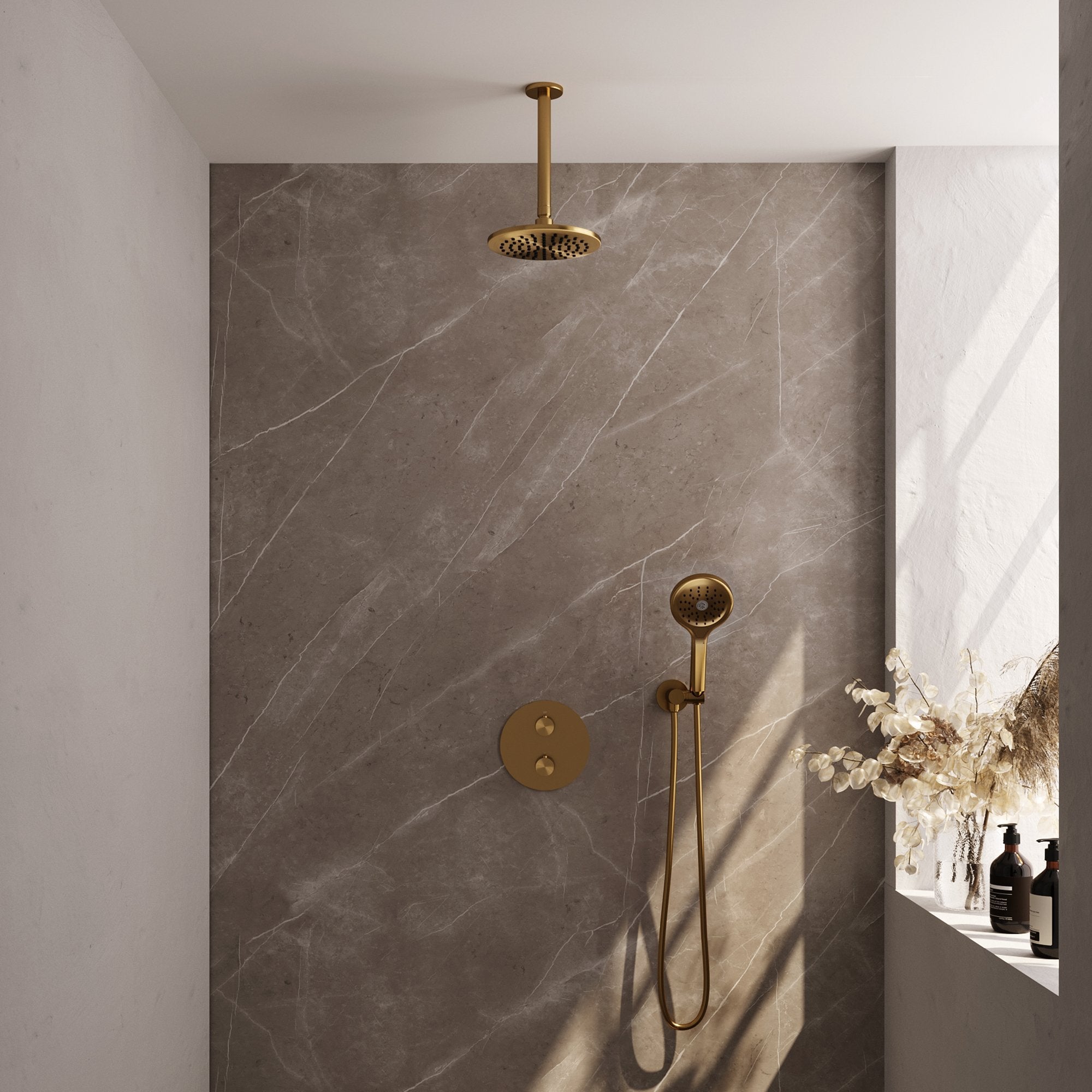 Brauer Edition inbouw regendoucheset 3-weg rond - 20cm hoofddouche - plafondarm - 3 standen handdouche - wandhouder - Geborsteld Goud PVD