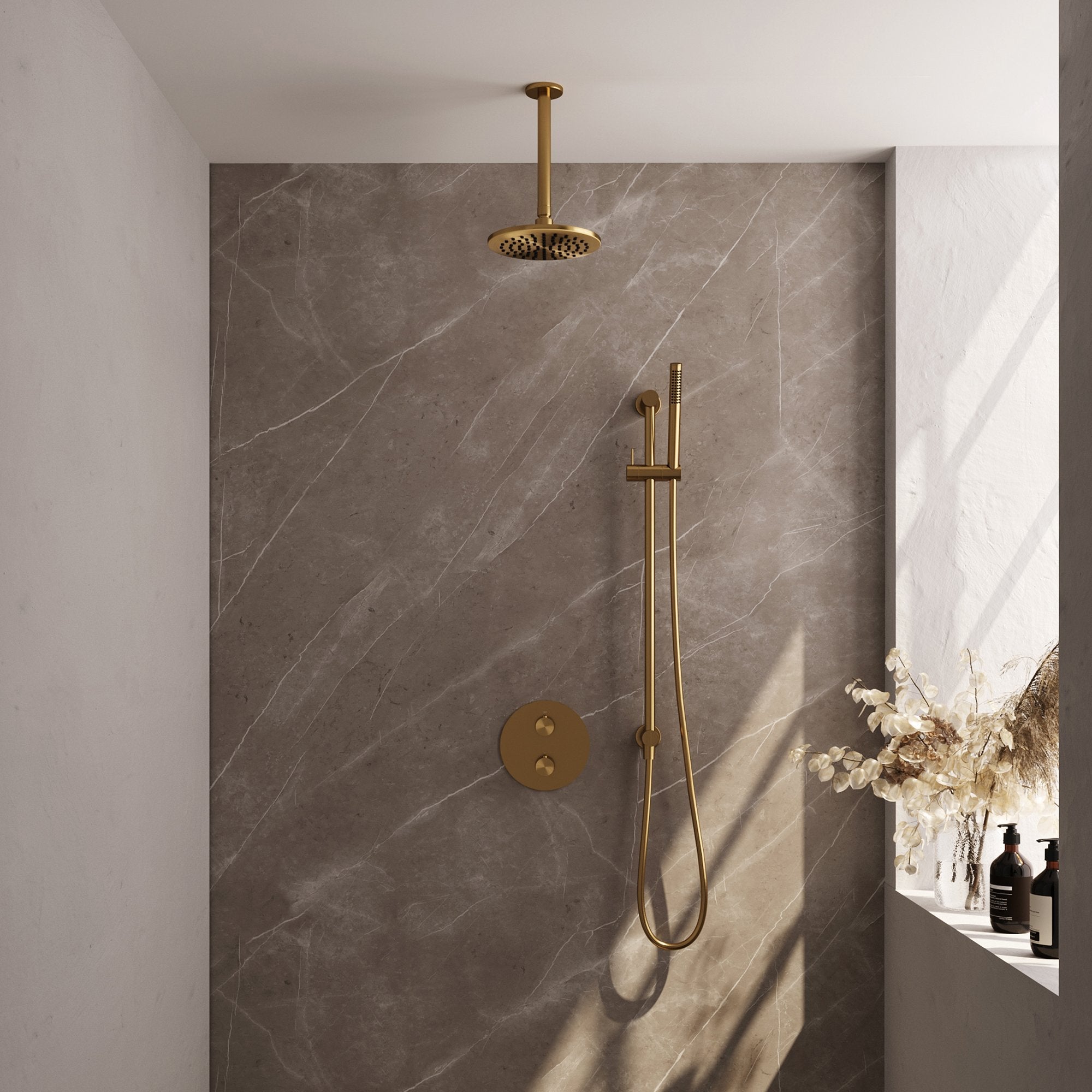 Brauer Edition inbouw regendoucheset 3-weg rond - 20cm hoofddouche - plafondarm - staafhanddouche - glijstang - Geborsteld Goud PVD