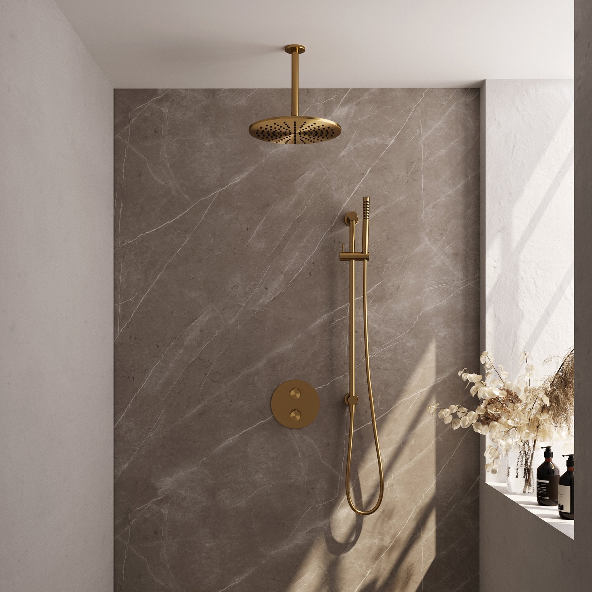 Brauer Edition inbouw regendoucheset 3-weg rond - 30cm hoofddouche - plafondarm - staafhanddouche - glijstang - Geborsteld Goud PVD