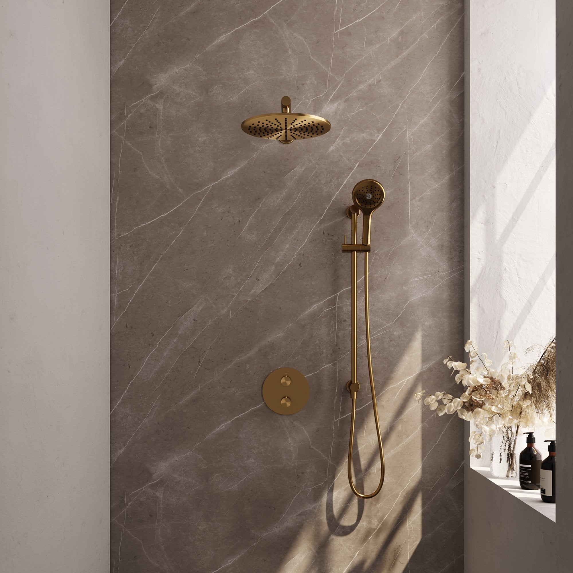 Brauer Edition inbouw regendoucheset 3-weg rond - 30cm hoofddouche - rechte wandarm - 3 standen handdouche - glijstang - Geborsteld Goud PVD
