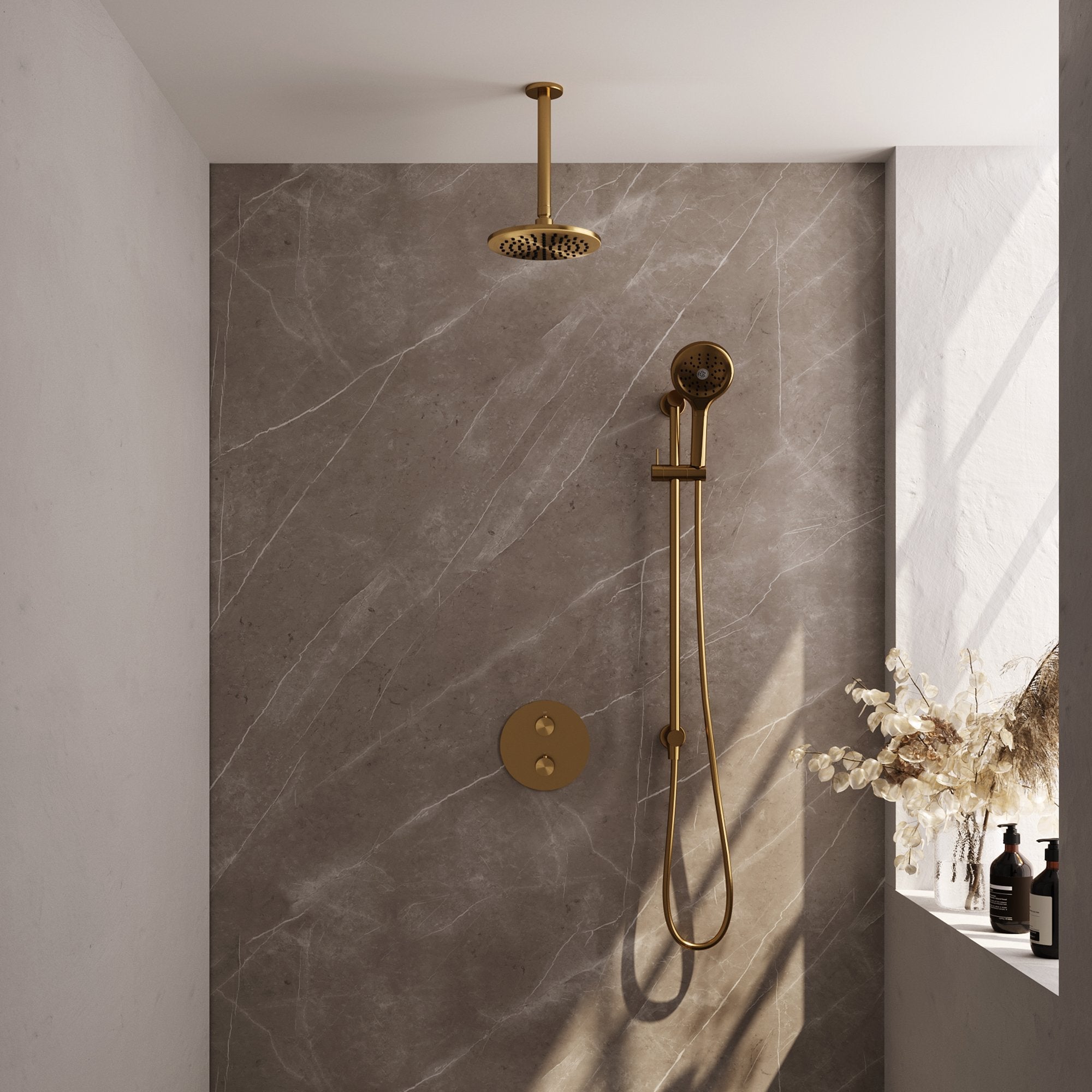 Brauer Edition inbouw regendoucheset 3-weg rond - 20cm hoofddouche - plafondarm - 3 standen handdouche - glijstang - Geborsteld Goud PVD