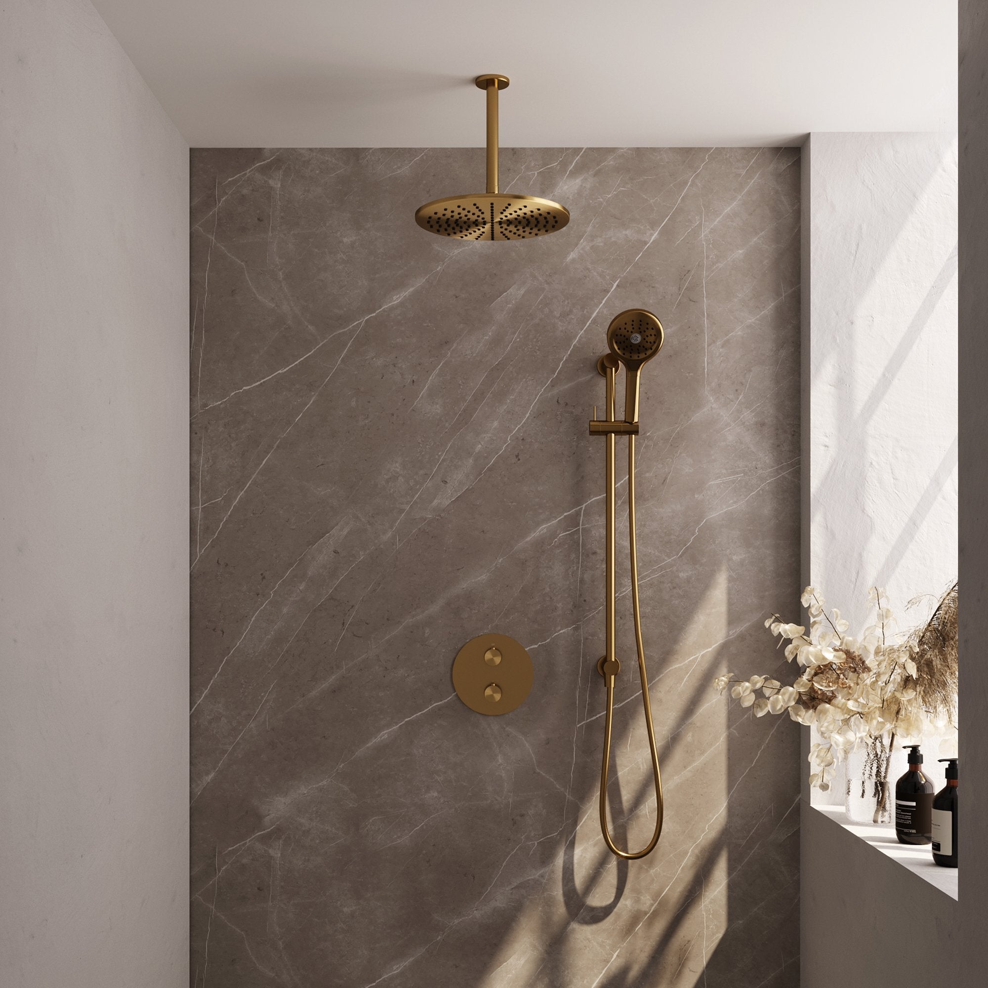 Brauer Edition inbouw regendoucheset 3-weg rond - 30cm hoofddouche - plafondarm - 3 standen handdouche - glijstang - Geborsteld Goud PVD