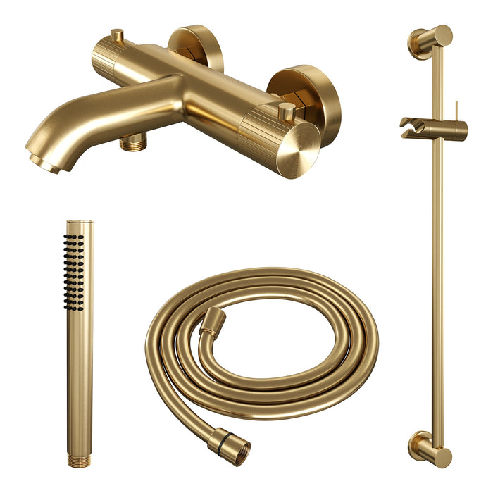 Brauer Stripe opbouw bad thermostaatkraan glijstangset - met staafhanddouche - Geborsteld Goud PVD