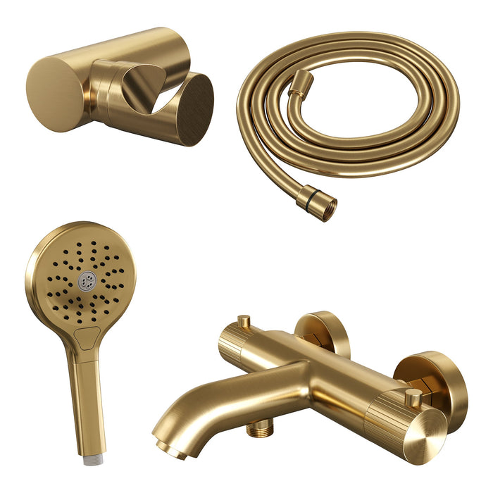 Brauer Stripe opbouw bad thermostaatkraan set - met 3-standen handdouche - Geborsteld Goud PVD