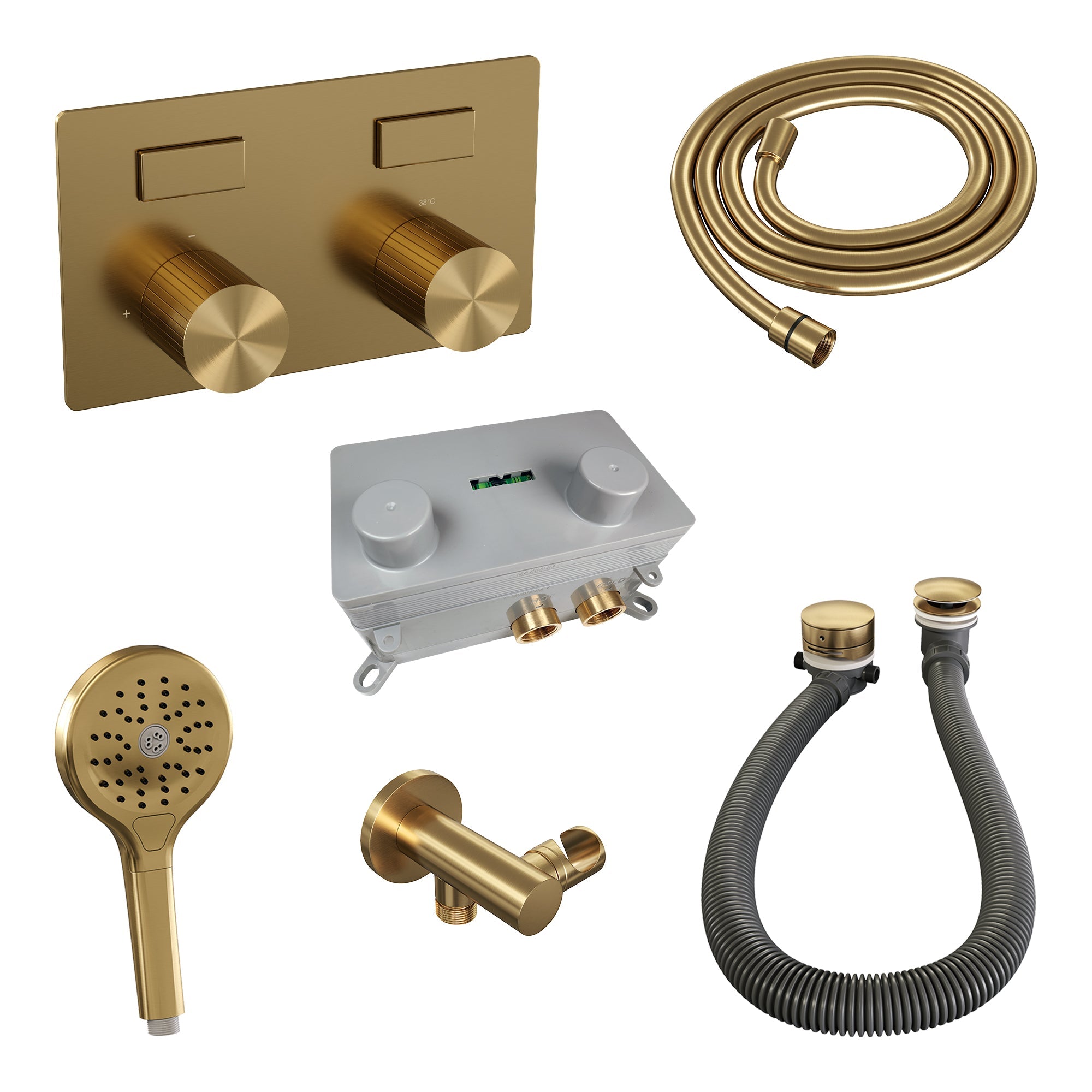 Brauer Stripe inbouw badthermostaat met drukknoppen en badvulcombinatie - 3-standen handdouche - Geborsteld Goud PVD