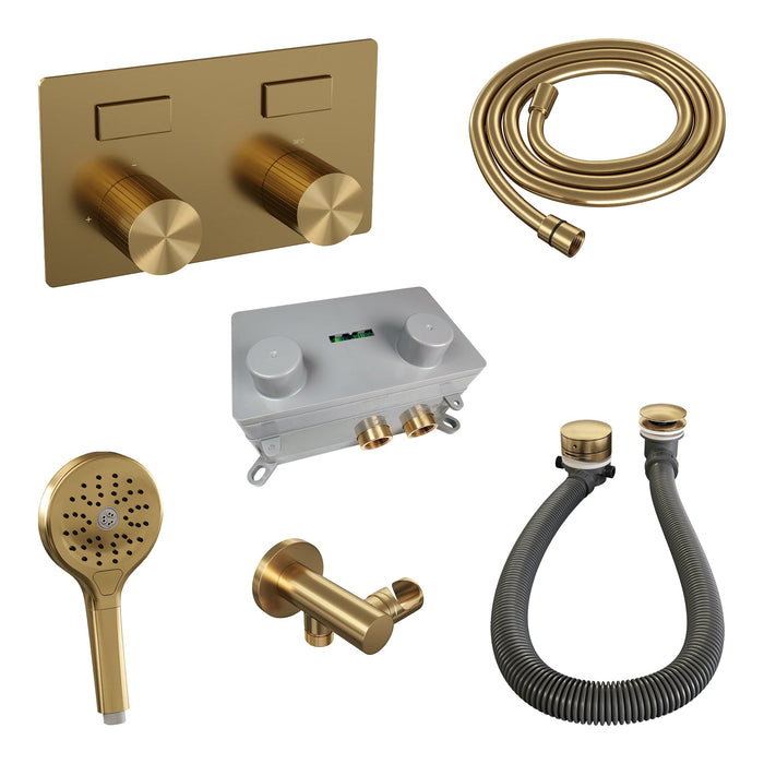 Brauer Stripe inbouw badthermostaat met drukknoppen en badvulcombinatie - 3-standen handdouche - Geborsteld Goud PVD