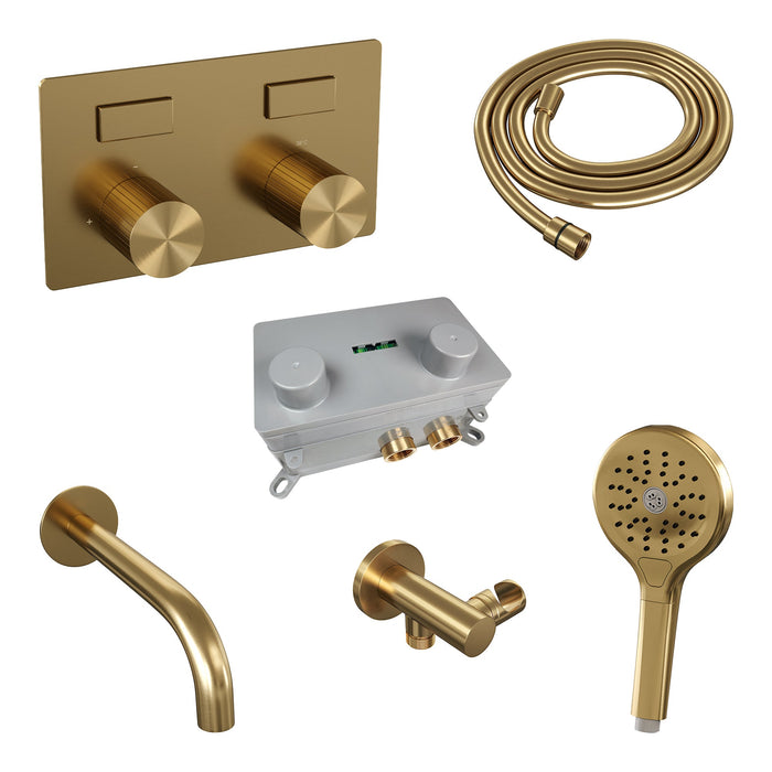 Brauer Stripe inbouw badthermostaat met drukknoppen en uitloop - 3-standen handdouche - Geborsteld Goud PVD