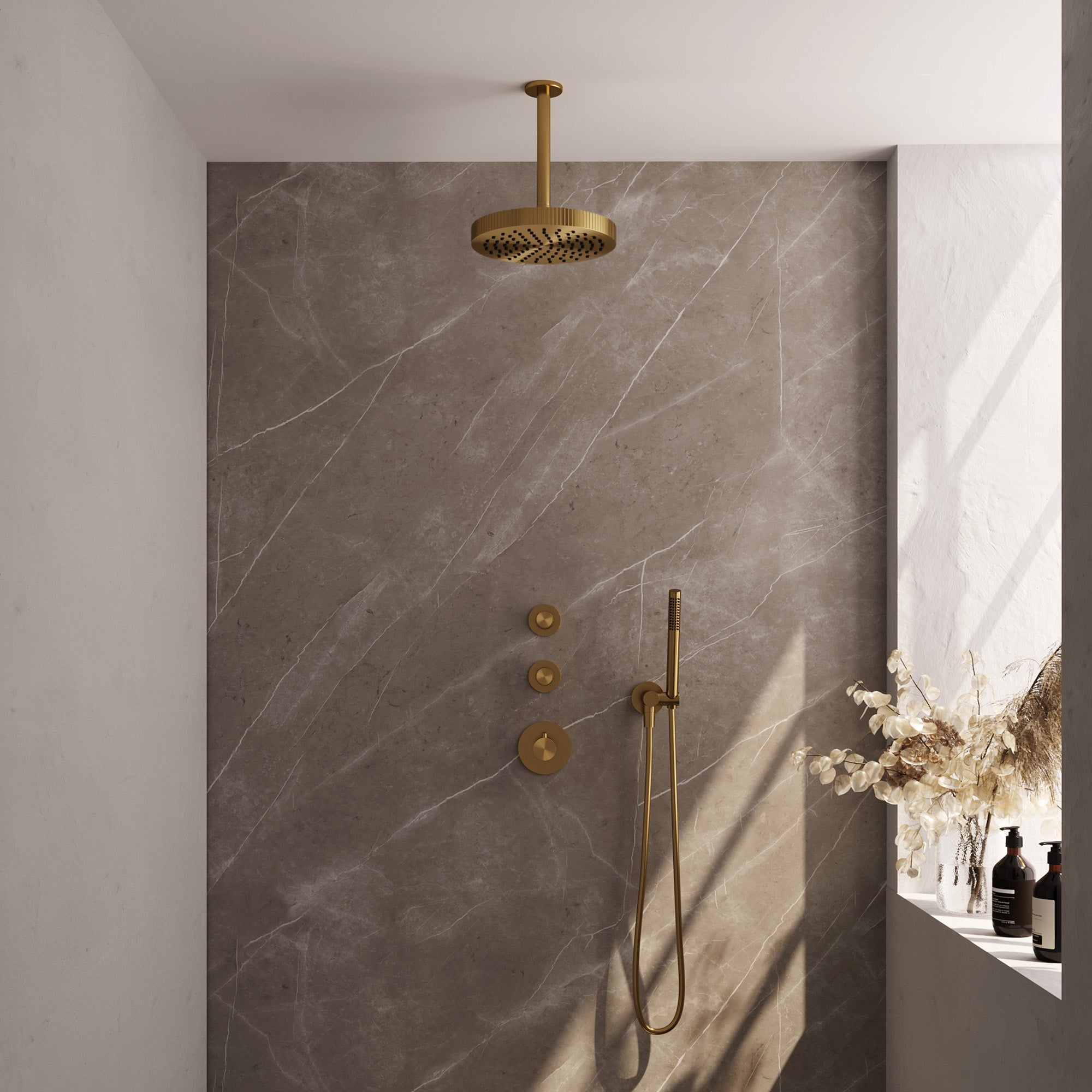 Brauer Stripe inbouw regendoucheset met 2 stopkranen  - 20cm plafondbuis - staafhanddouche - wandhouder - Geborsteld Goud PVD