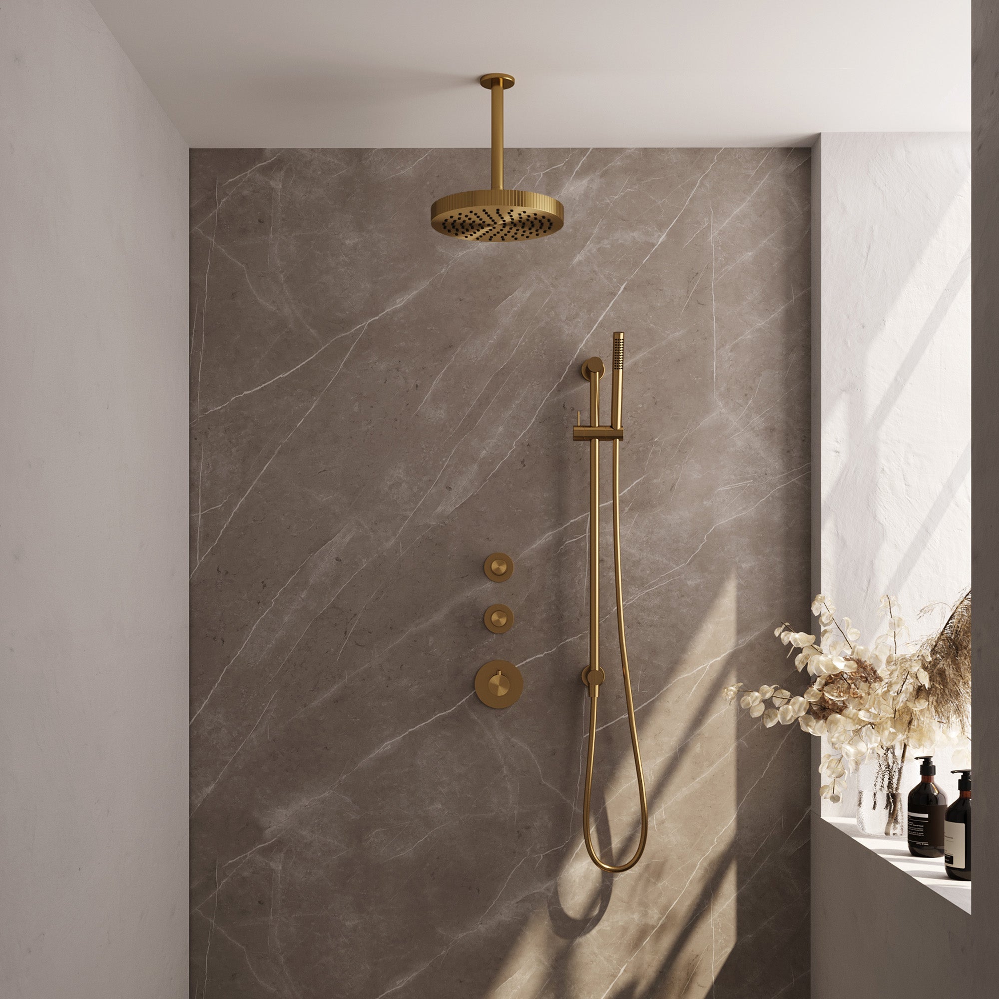 Brauer Stripe inbouw regendoucheset met 2 stopkranen  - 20cm plafondbuis - staafhanddouche - glijstang - Geborsteld Goud PVD