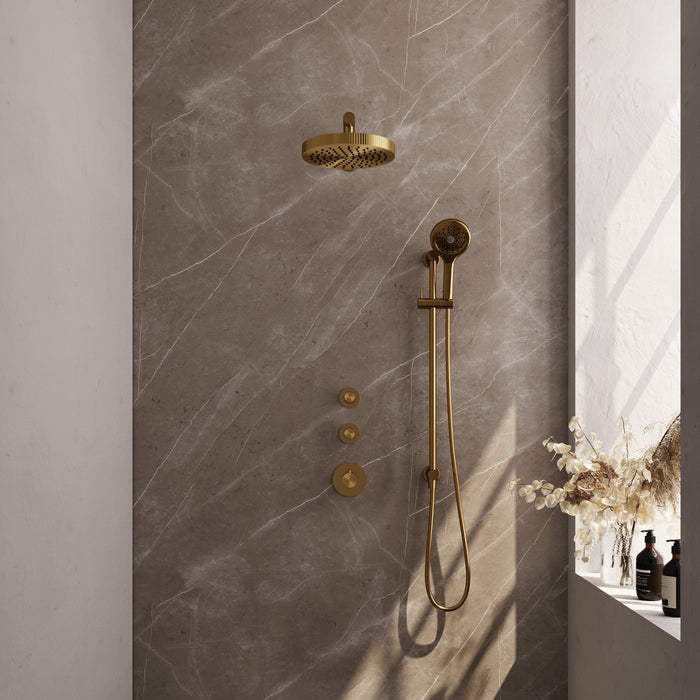 Brauer Stripe inbouw regendoucheset met 2 stopkranen - rechte wandarm - 3-standen handdouche - glijstang - Geborsteld Goud PVD