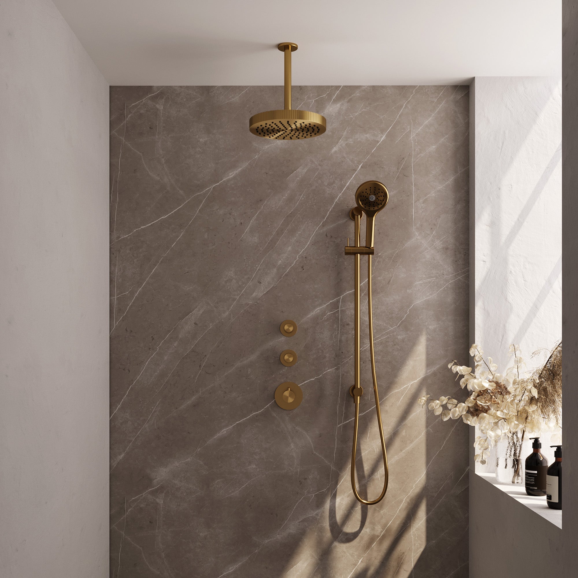 Brauer Stripe inbouw regendoucheset met 2 stopkranen  - 20cm plafondbuis - 3-standen handdouche - glijstang - Geborsteld Goud PVD