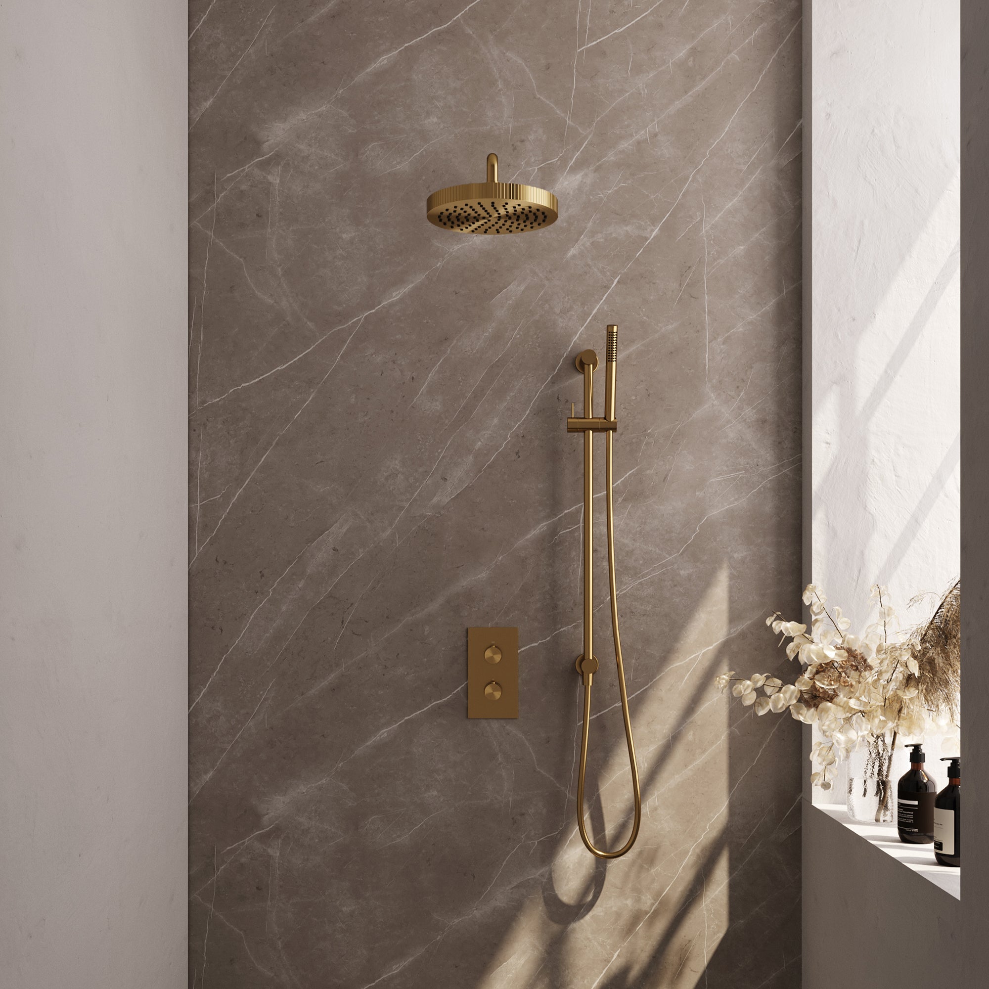 Brauer Stripe thermostatische inbouw regendouche rechthoekig - gebogen wandarm - staafhanddouche - glijstang - Geborsteld Goud PVD
