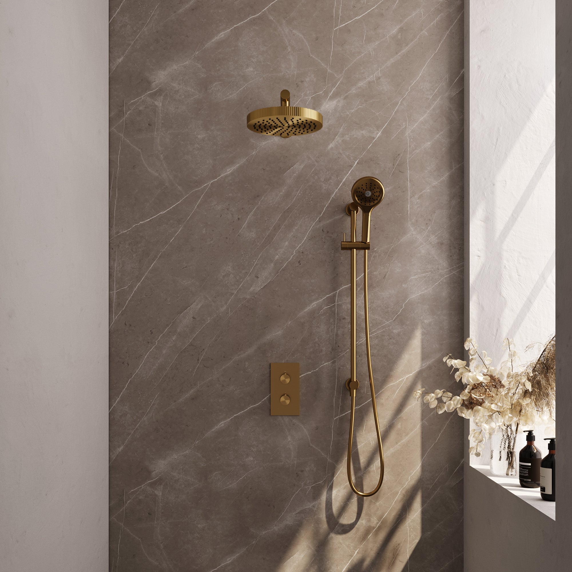 Brauer Stripe thermostatische inbouw regendouche rechthoekig - rechte wandarm - 3-standen handdouche - glijstang - Geborsteld Goud PVD