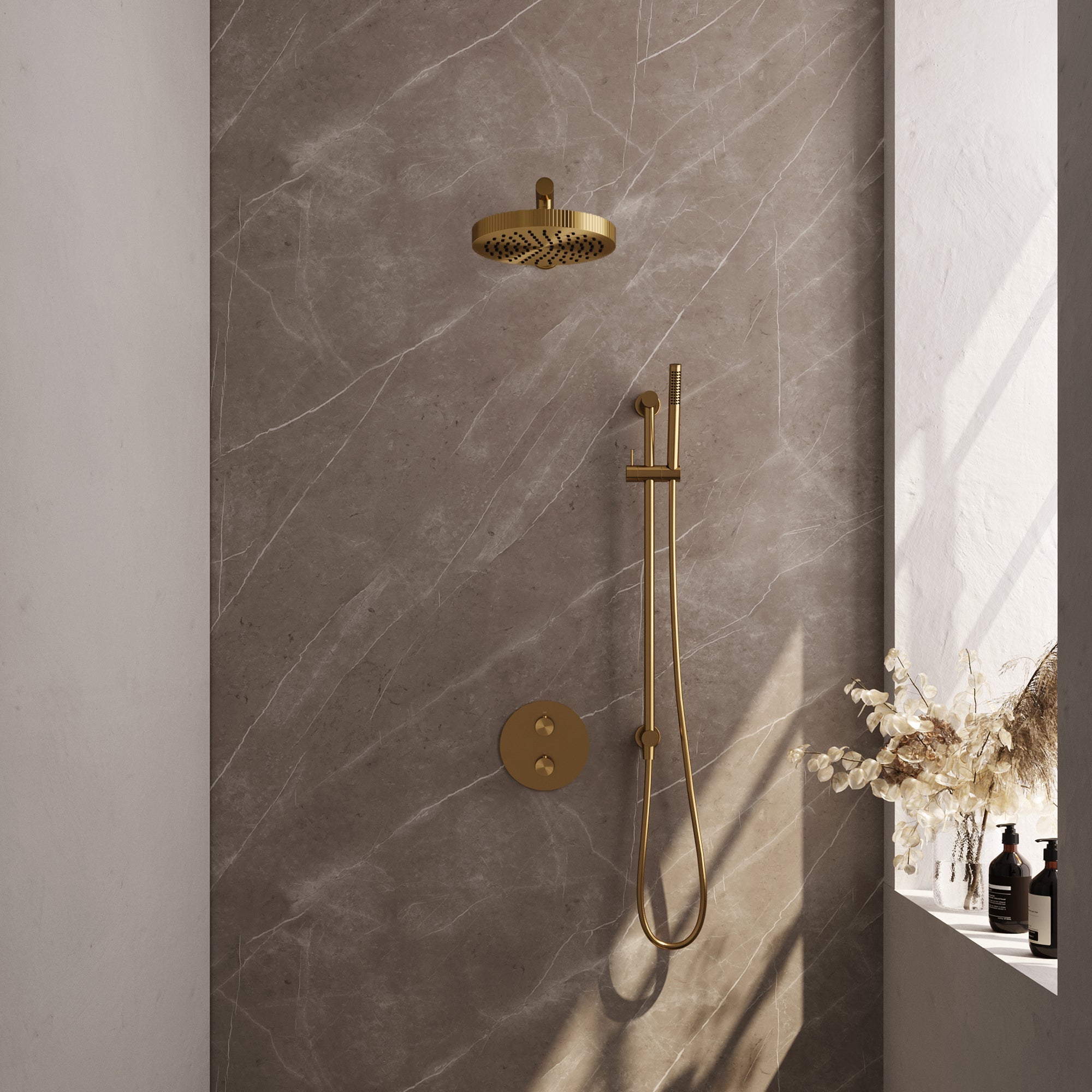 Brauer Stripe inbouw regendoucheset rond - rechte wandarm - staafhanddouche - glijstang - Geborsteld Goud PVD