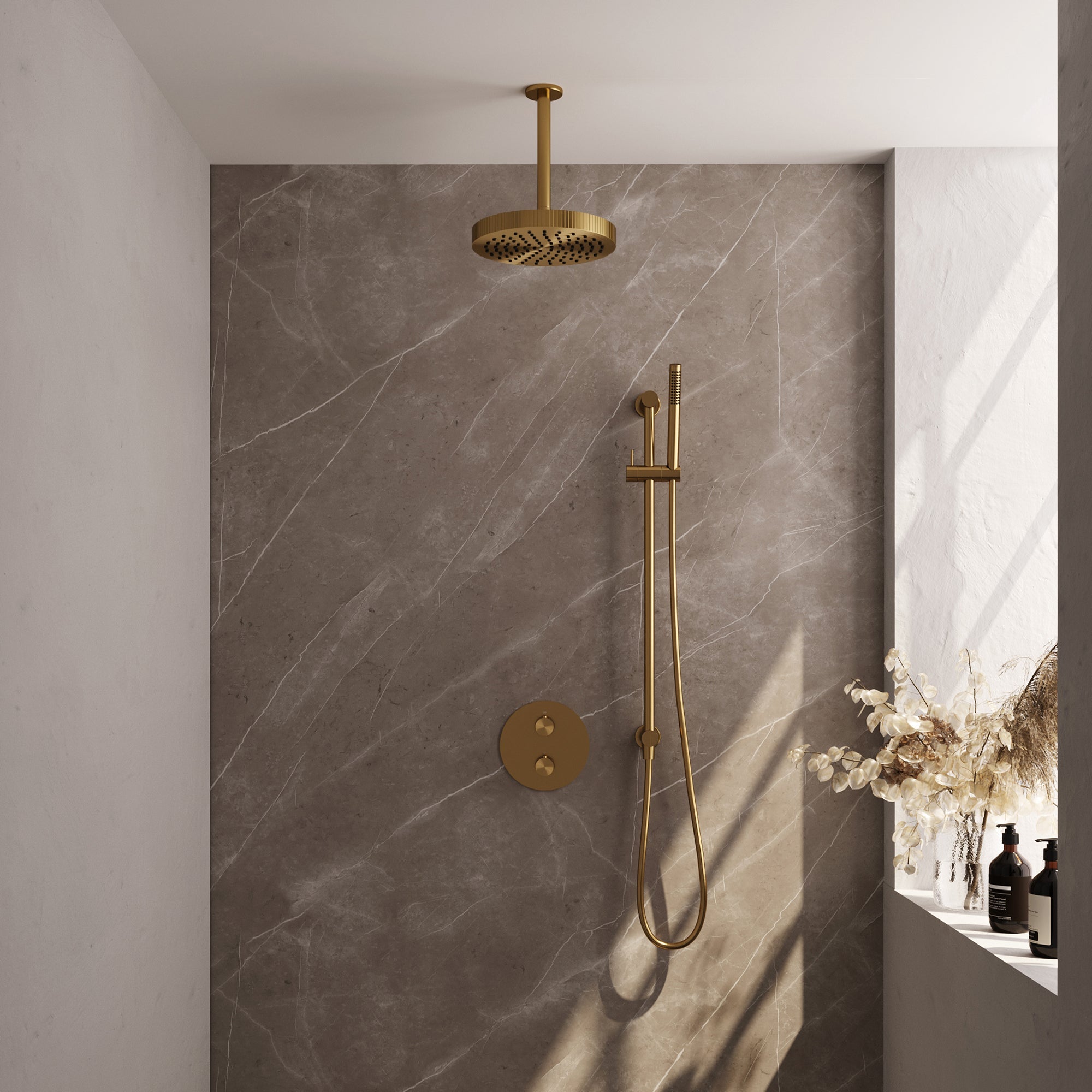 Brauer Stripe inbouw regendoucheset rond  - 20cm plafondbuis - staafhanddouche - glijstang - Geborsteld Goud PVD