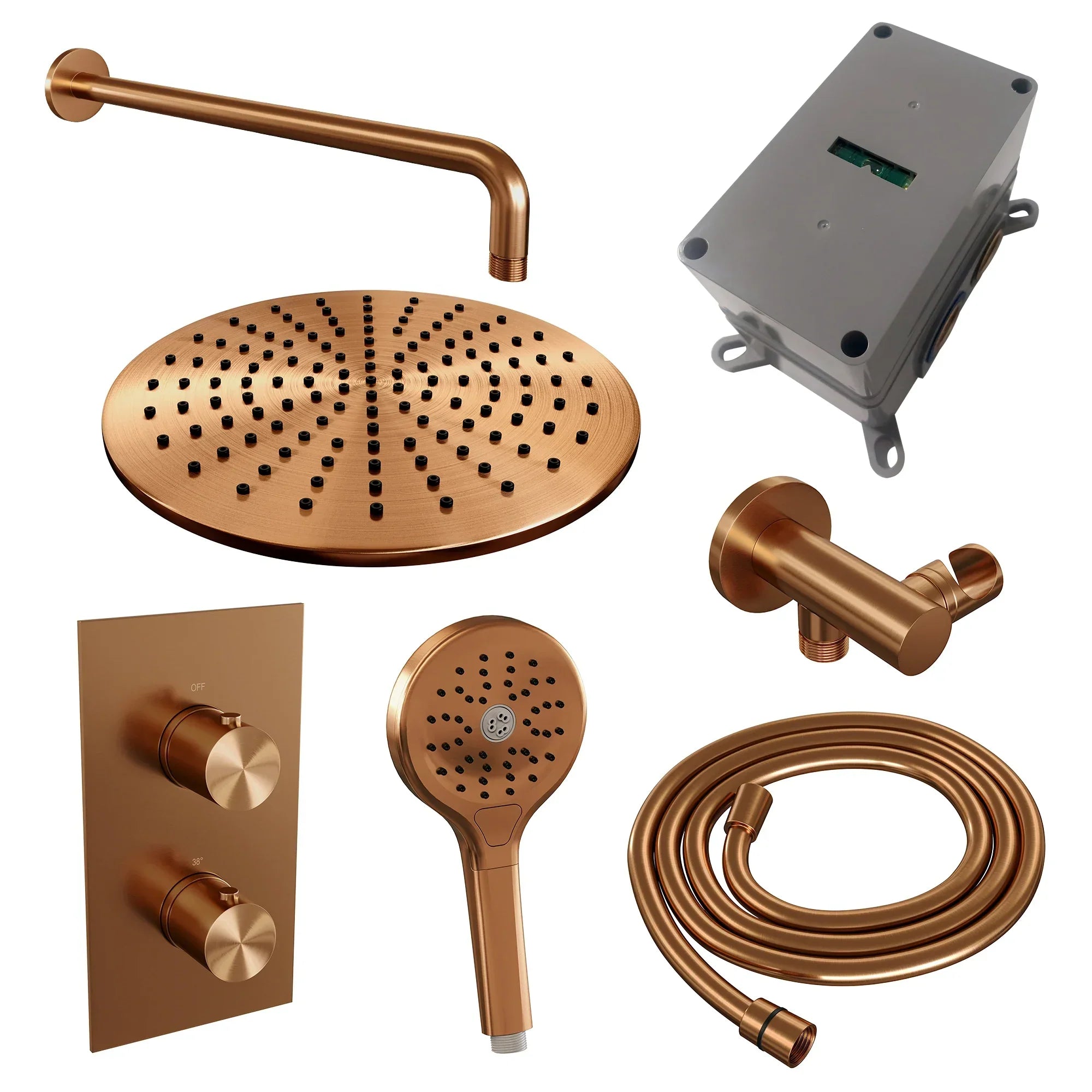 Brauer Edition inbouwset met 3-weg thermostaat - hoofddouche 30cm - gebogen wandarm 40cm - ronde 3-standen handdouche - wandaansluiting - Geborsteld Koper PVD