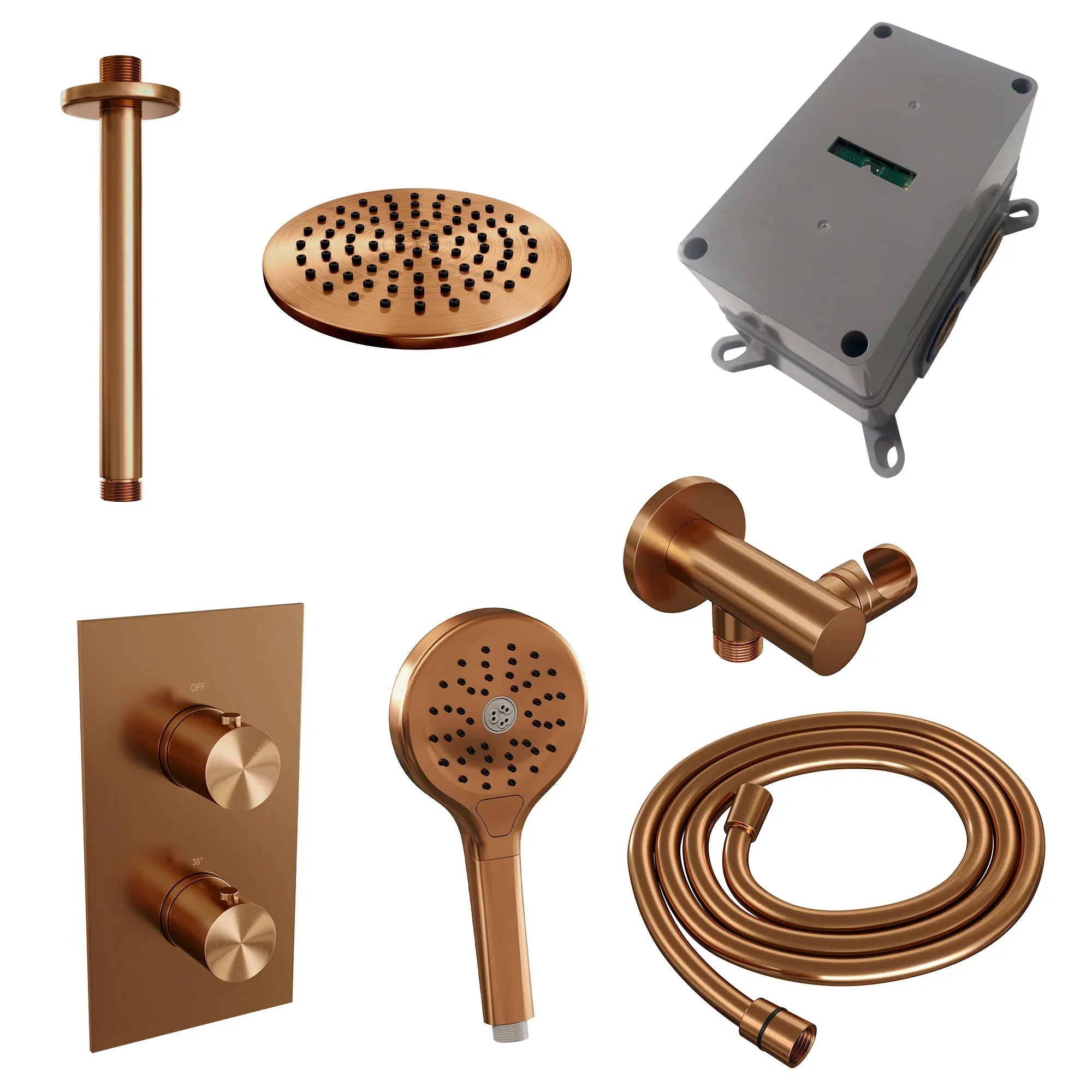 Brauer Edition inbouwset met 3-weg thermostaat - hoofddouche 20cm - plafondbuis 20cm - ronde 3-standen handdouche - wandaansluiting - Geborsteld Koper PVD