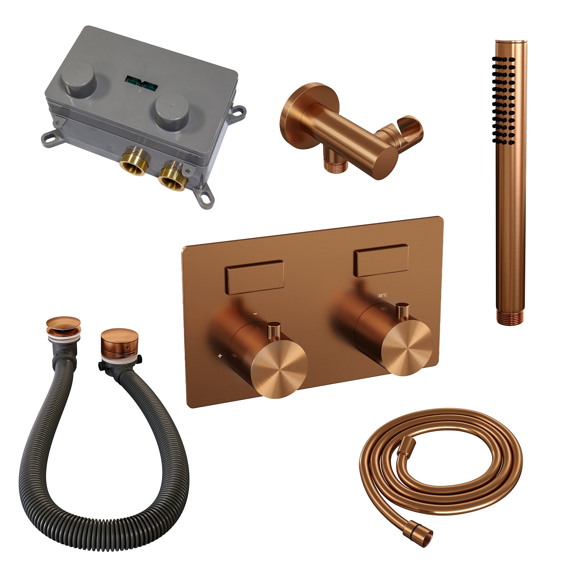 Brauer Edition inbouw badthermostaat - drukknoppen - badafvoer/vulcombinatie - staafhanddouche - Geborsteld Koper PVD