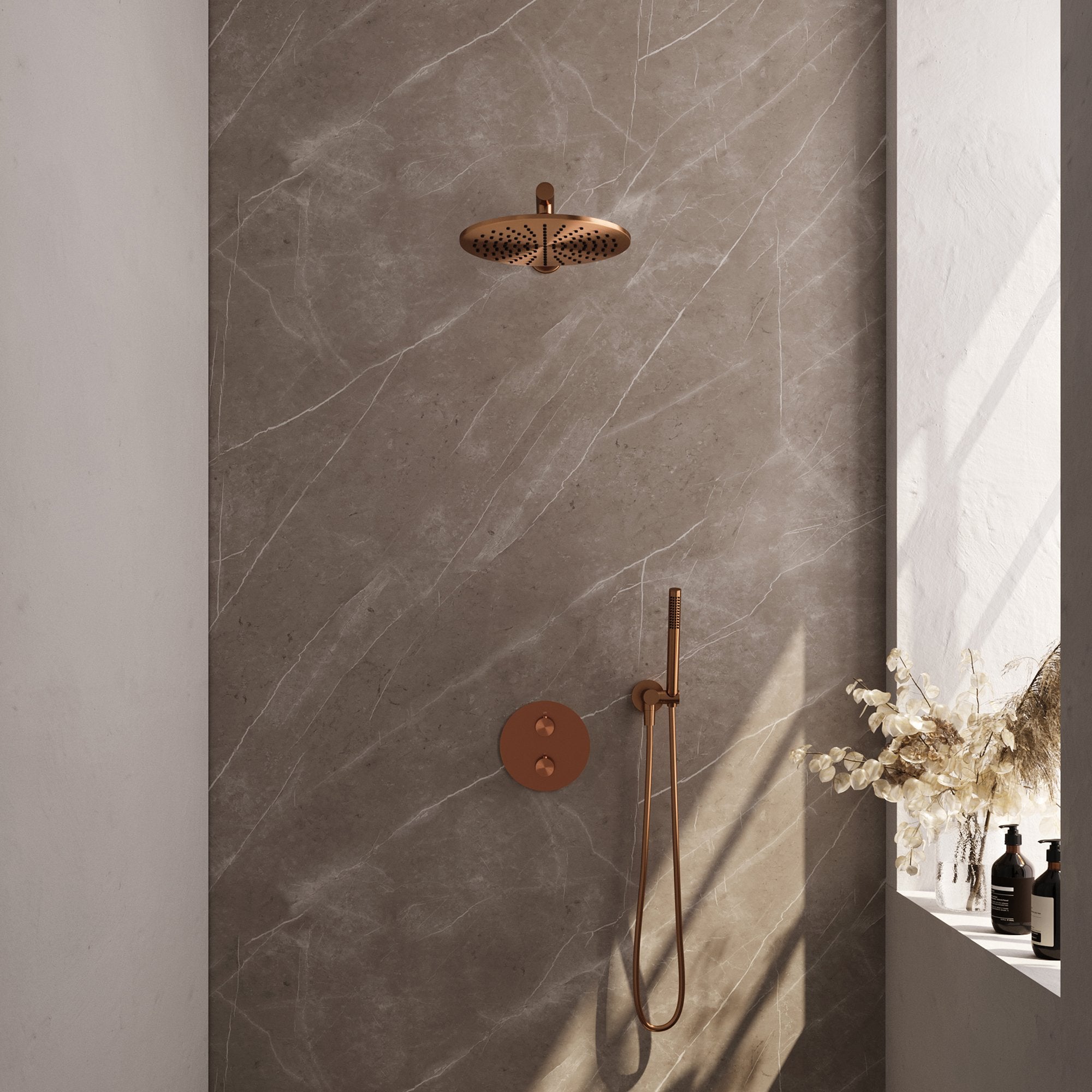 Brauer Edition inbouw regendoucheset 3-weg rond - 30cm hoofddouche - rechte wandarm - staafhanddouche - wandhouder - Geborsteld Koper PVD