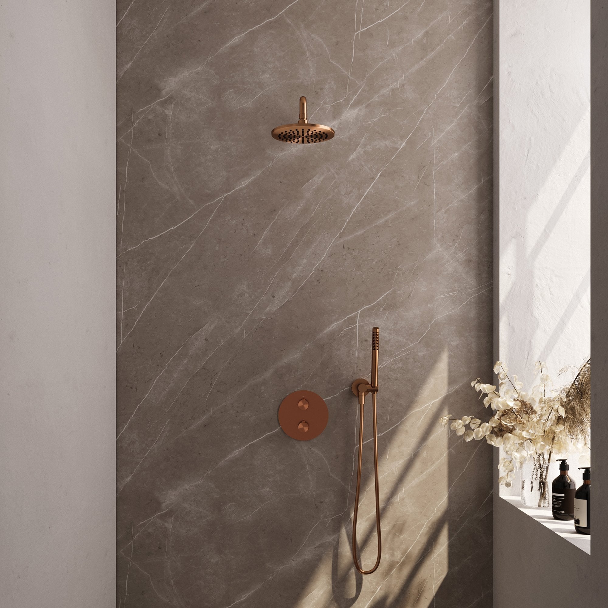 Brauer Edition inbouw regendoucheset 3-weg rond - 20cm hoofddouche - gebogen wandarm - staafhanddouche - wandhouder - Geborsteld Koper PVD