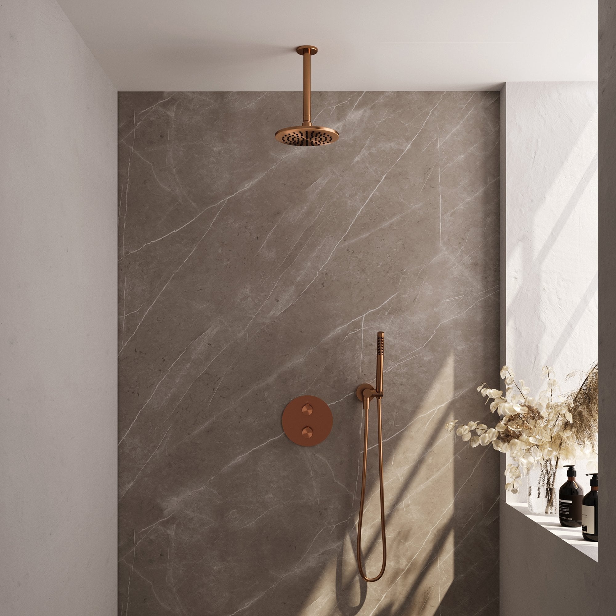 Brauer Edition inbouw regendoucheset 3-weg rond - 20cm hoofddouche - plafondarm - staafhanddouche - wandhouder - Geborsteld Koper PVD