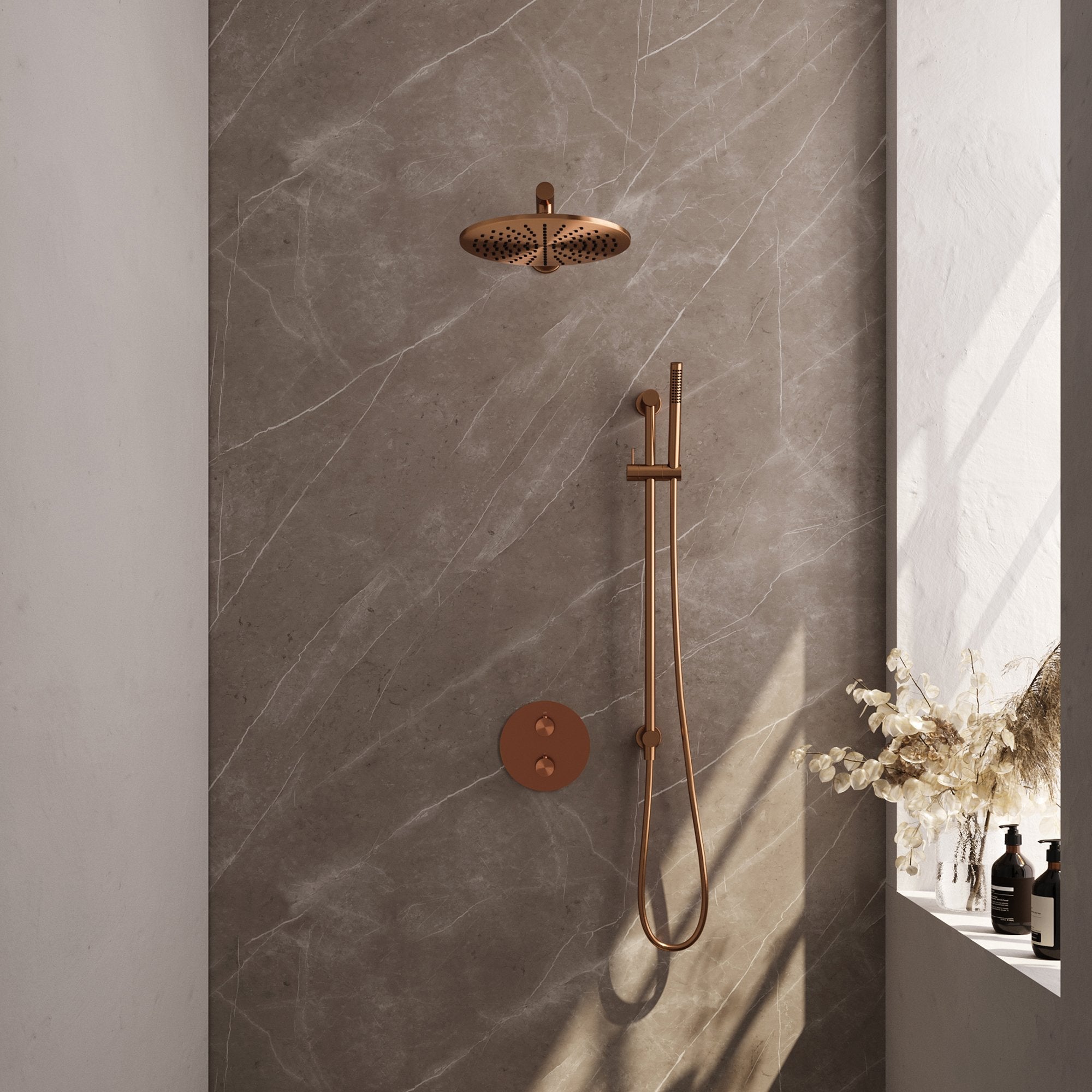 Brauer Edition inbouw regendoucheset 3-weg rond - 30cm hoofddouche - rechte wandarm - staafhanddouche - glijstang - Geborsteld Koper PVD