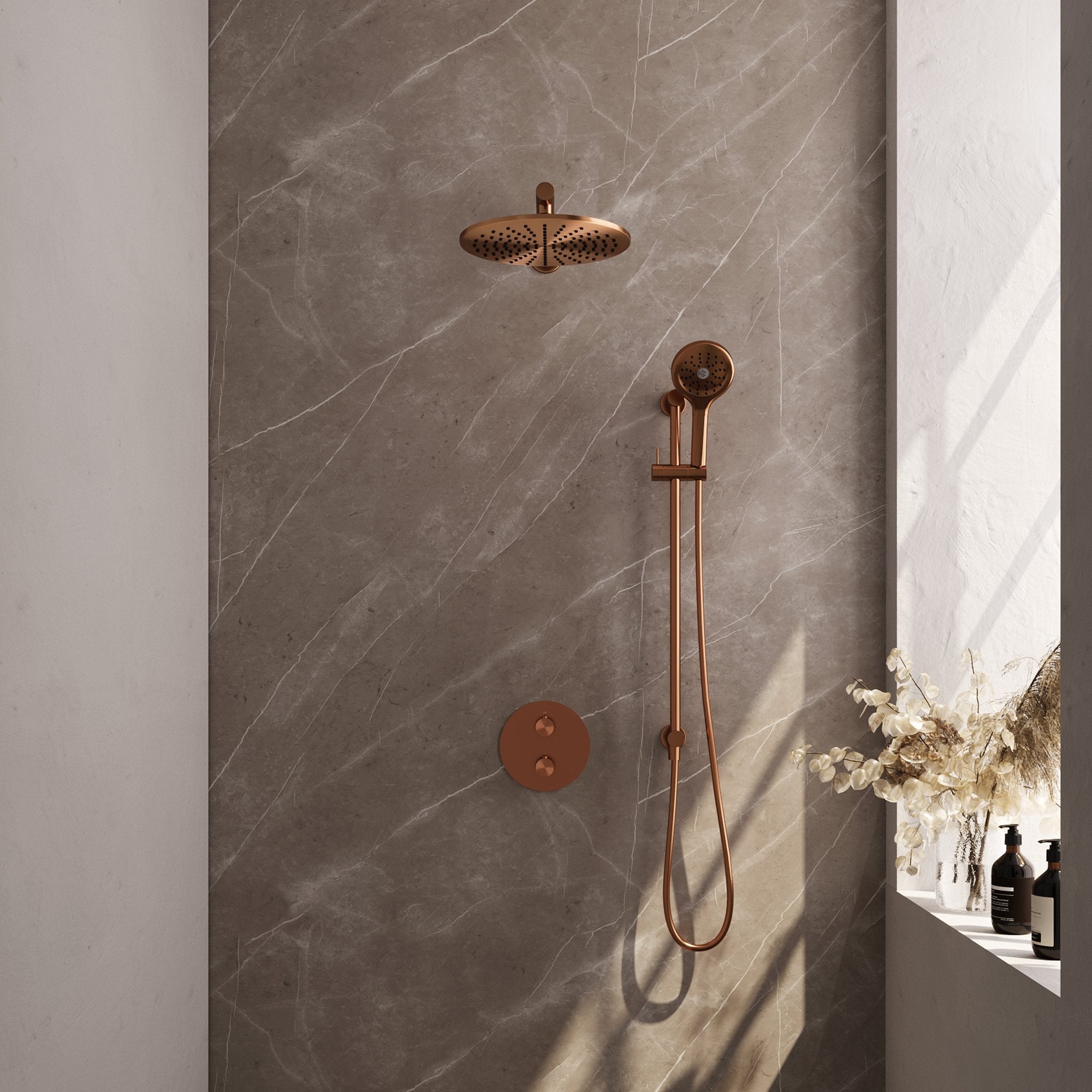 Brauer Edition inbouw regendoucheset 3-weg rond - 30cm hoofddouche - rechte wandarm - 3 standen handdouche - glijstang - Geborsteld Koper PVD