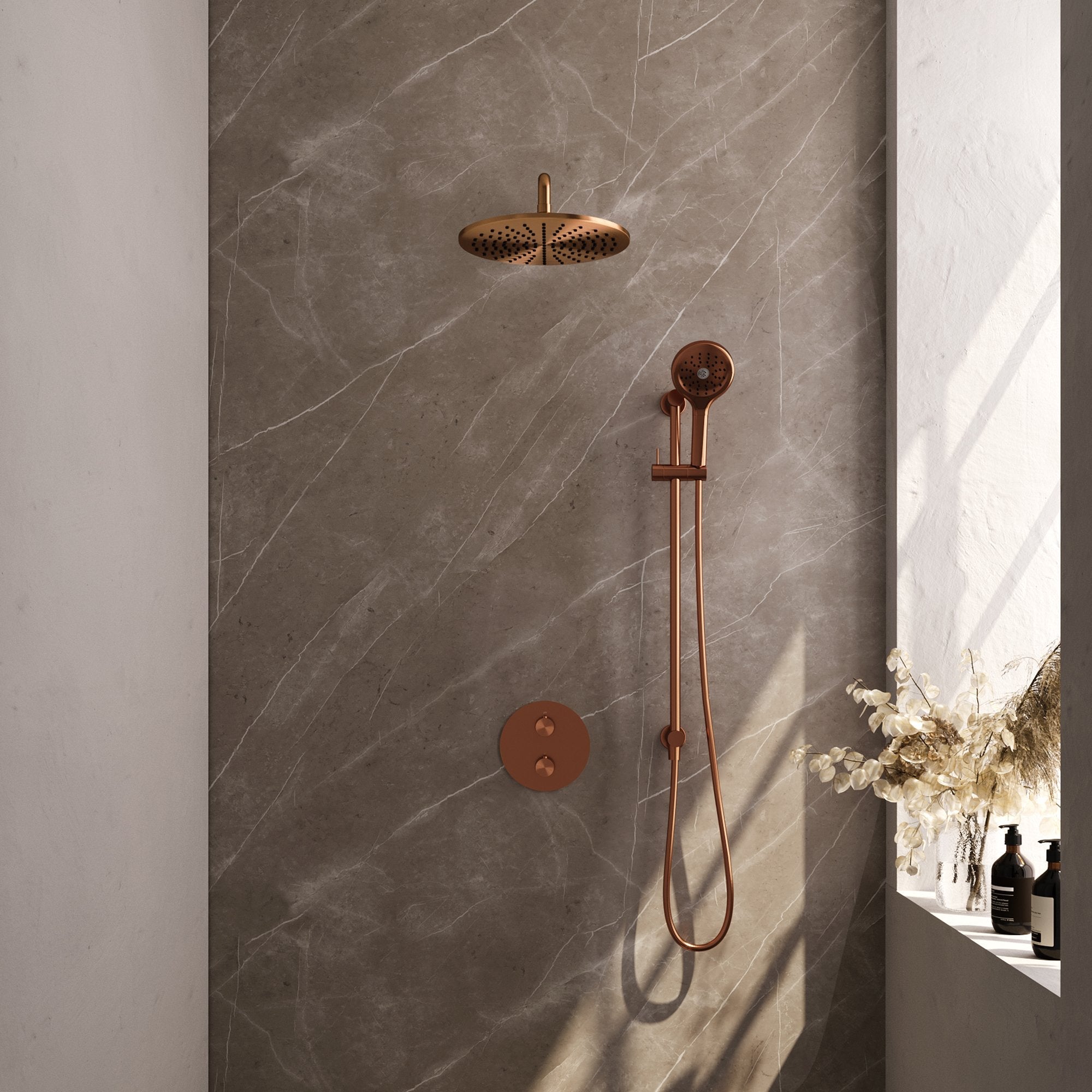 Brauer Edition inbouw regendoucheset 3-weg rond - 30cm hoofddouche - gebogen wandarm - 3 standen handdouche - glijstang - Geborsteld Koper PVD