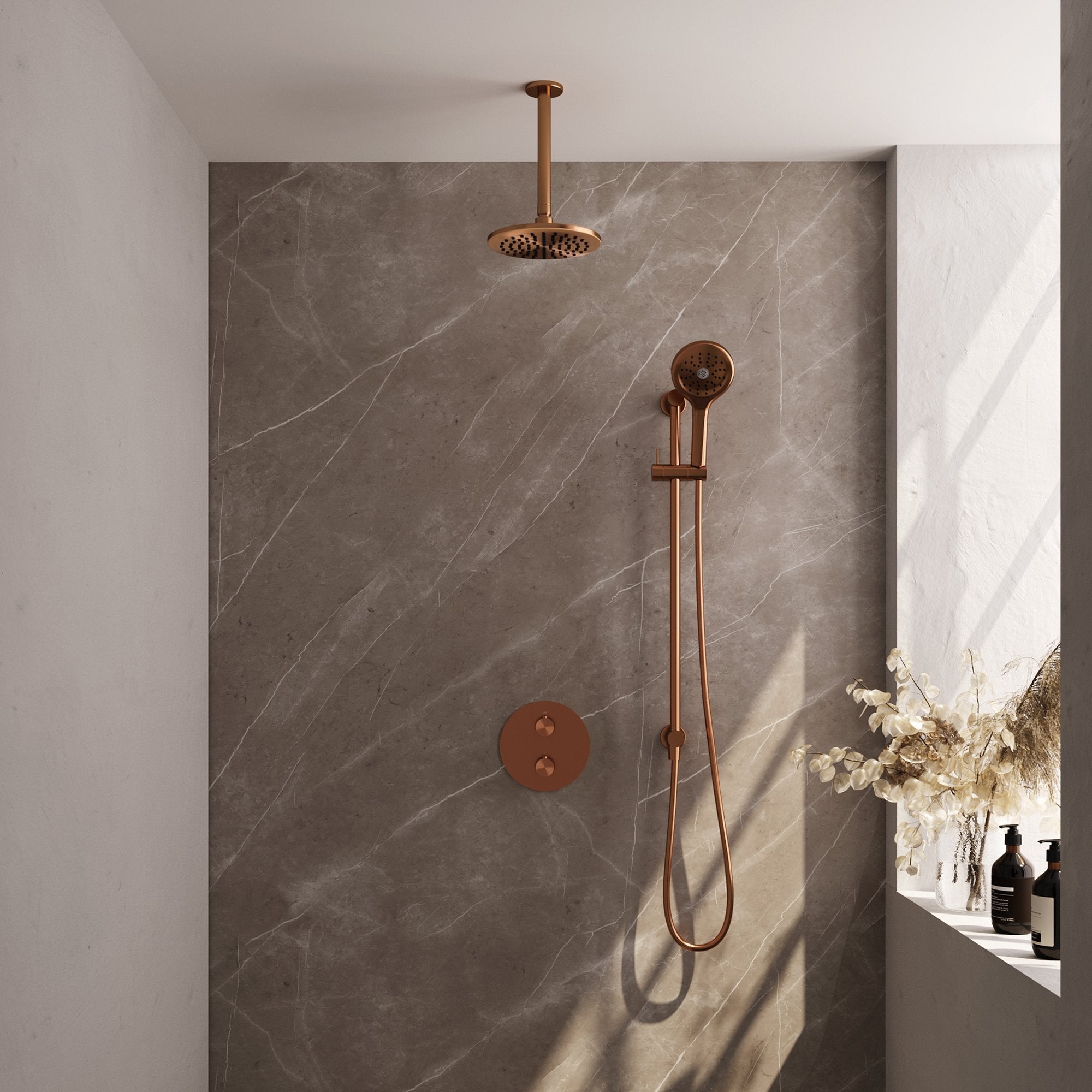 Brauer Edition inbouw regendoucheset 3-weg rond - 20cm hoofddouche - plafondarm - 3 standen handdouche - glijstang - Geborsteld Koper PVD