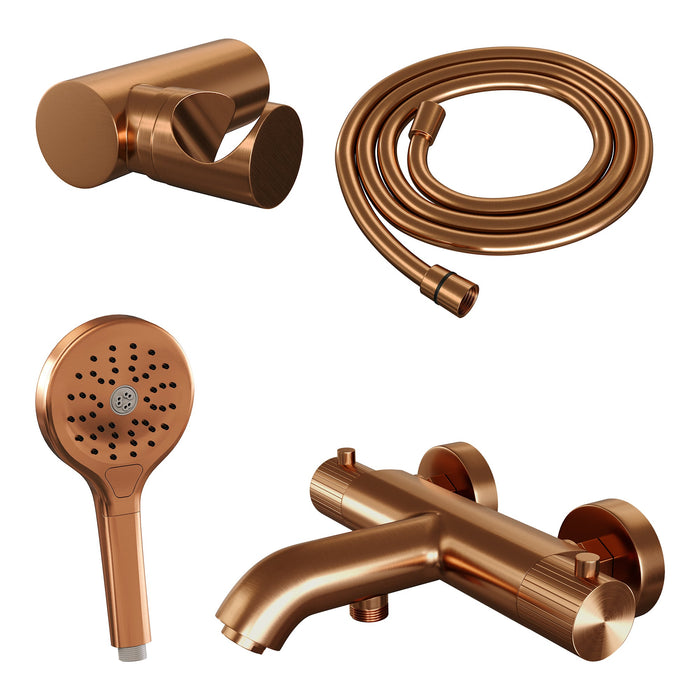 Brauer Stripe opbouw bad thermostaatkraan set - met 3-standen handdouche - Geborsteld Koper PVD