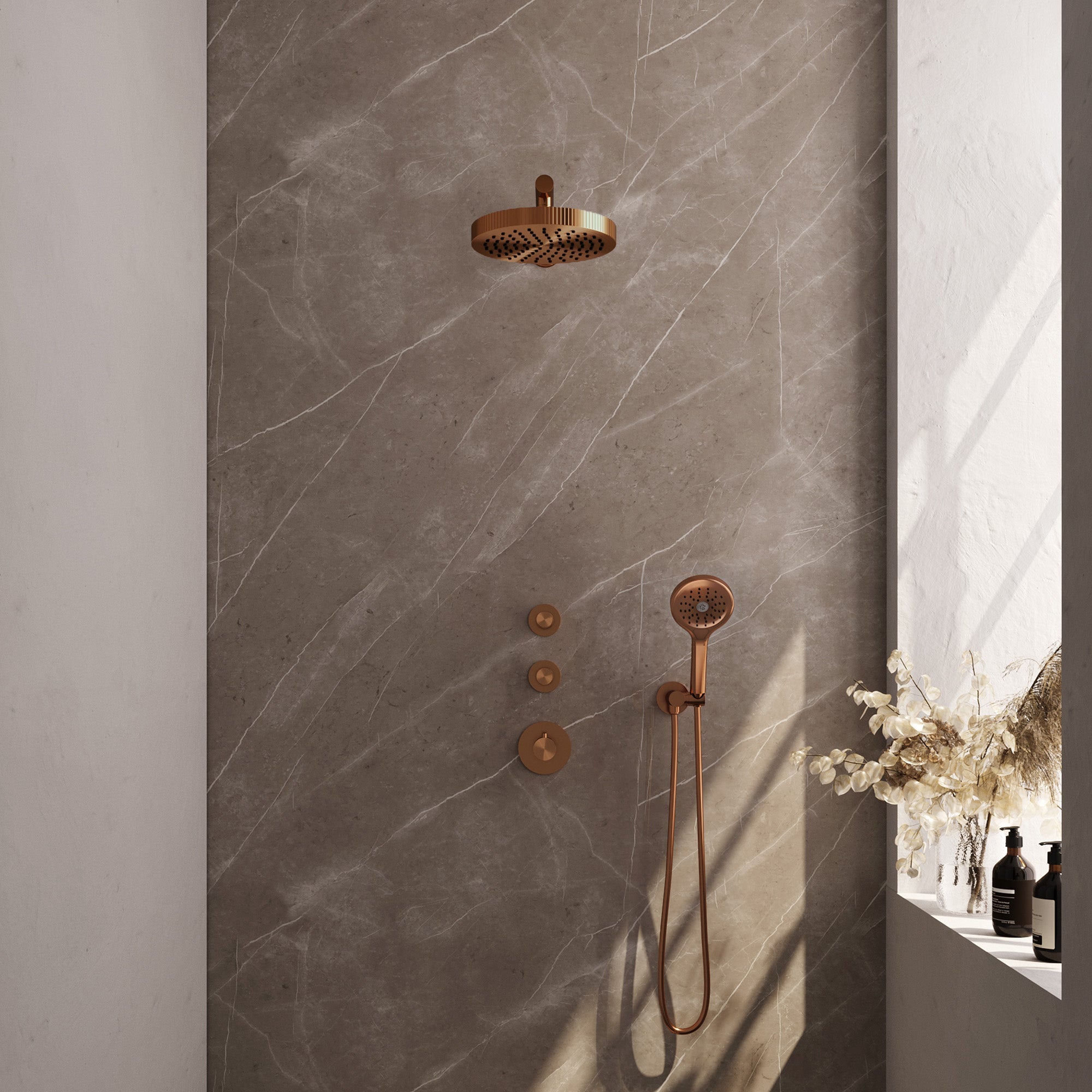 Brauer Stripe inbouw regendoucheset met 2 stopkranen - rechte wandarm - 3-standen handdouche - wandhouder - Geborsteld Koper PVD