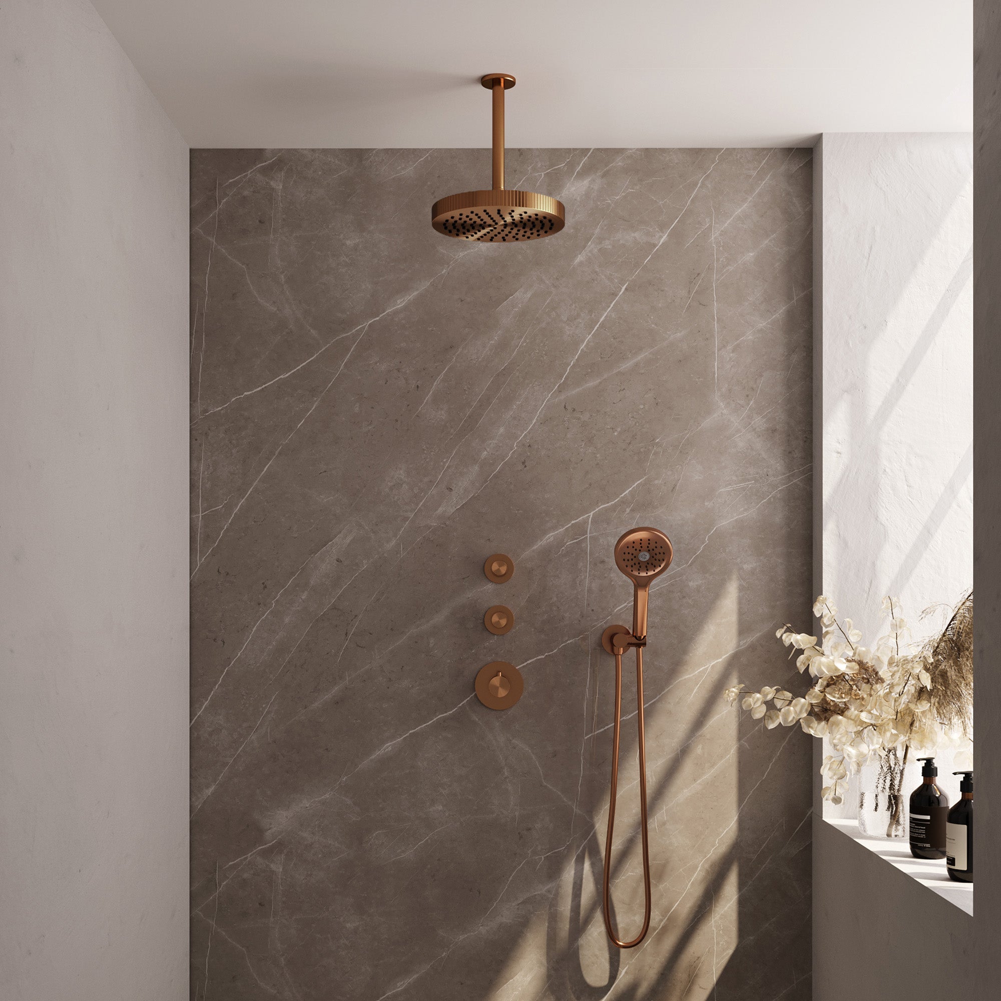 Brauer Stripe inbouw regendoucheset met 2 stopkranen  - 20cm plafondbuis - 3-standen handdouche - wandhouder - Geborsteld Koper PVD