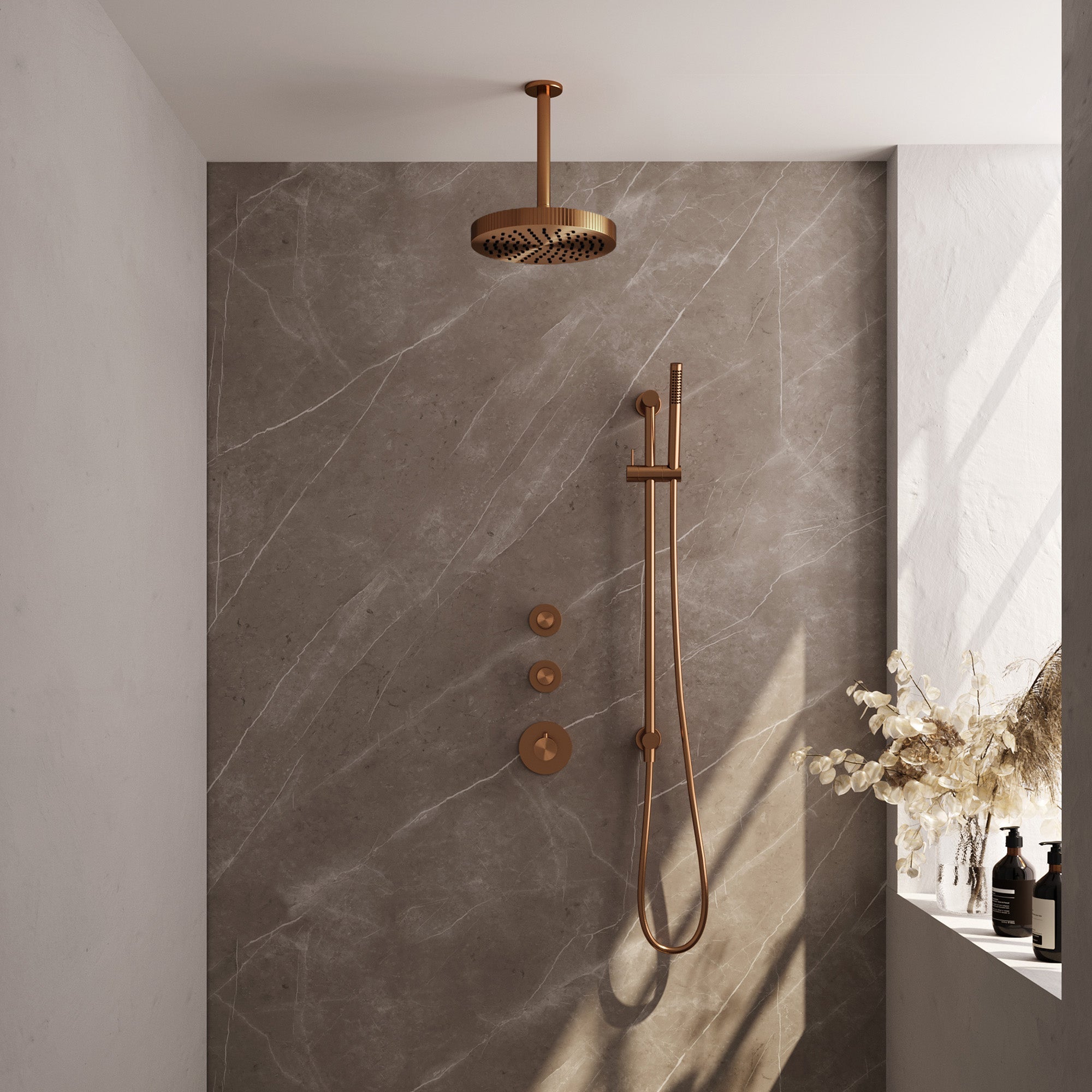 Brauer Stripe inbouw regendoucheset met 2 stopkranen  - 20cm plafondbuis - staafhanddouche - glijstang - Geborsteld Koper PVD