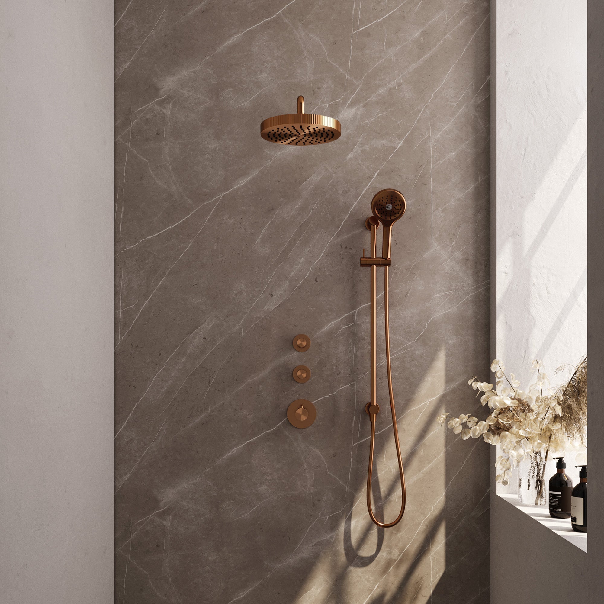 Brauer Stripe inbouw regendoucheset met 2 stopkranen - gebogen wandarm - 3-standen handdouche - glijstang - Geborsteld Koper PVD