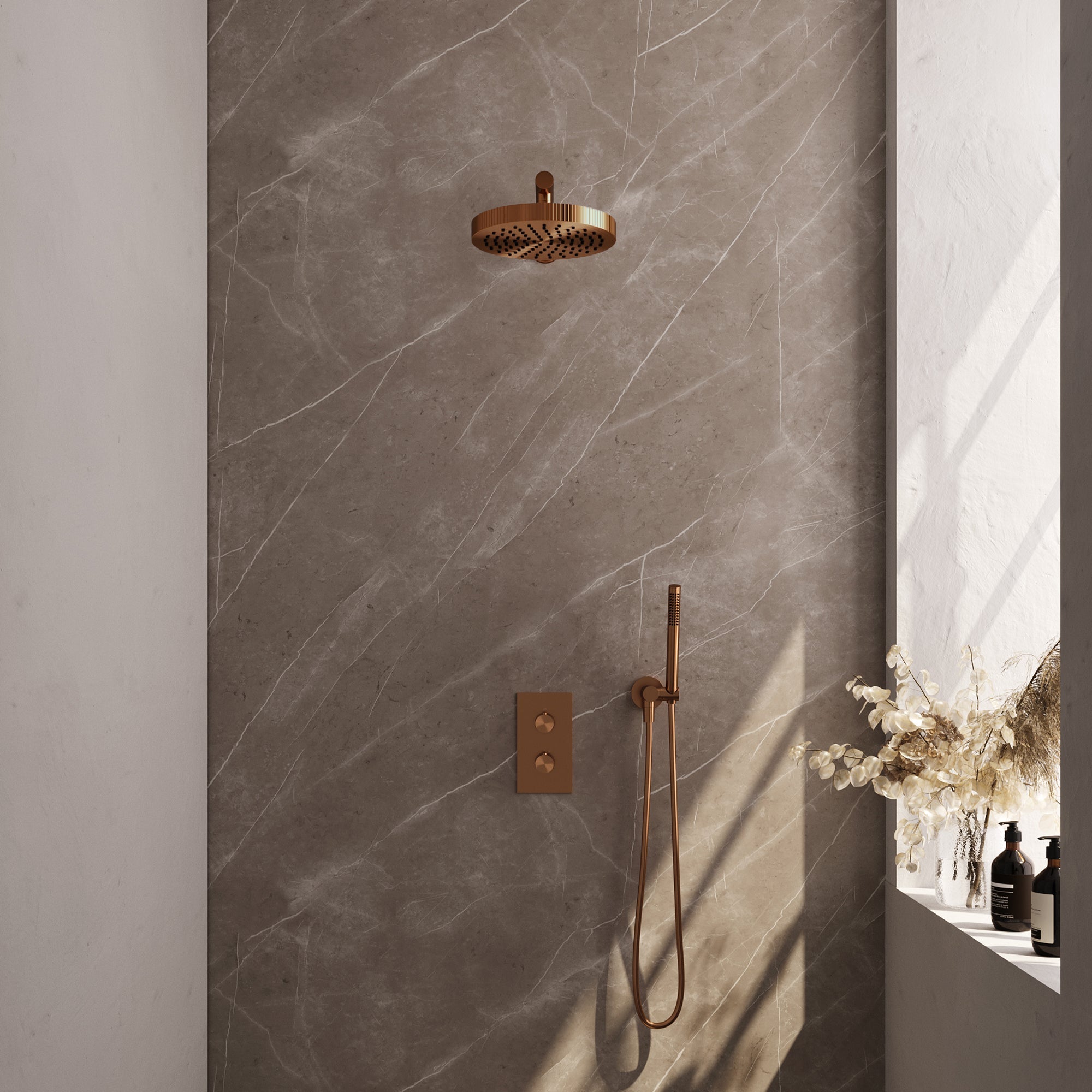 Brauer Stripe thermostatische inbouw regendouche rechthoekig - rechte wandarm - staafhanddouche - wandhouder - Geborsteld Koper PVD