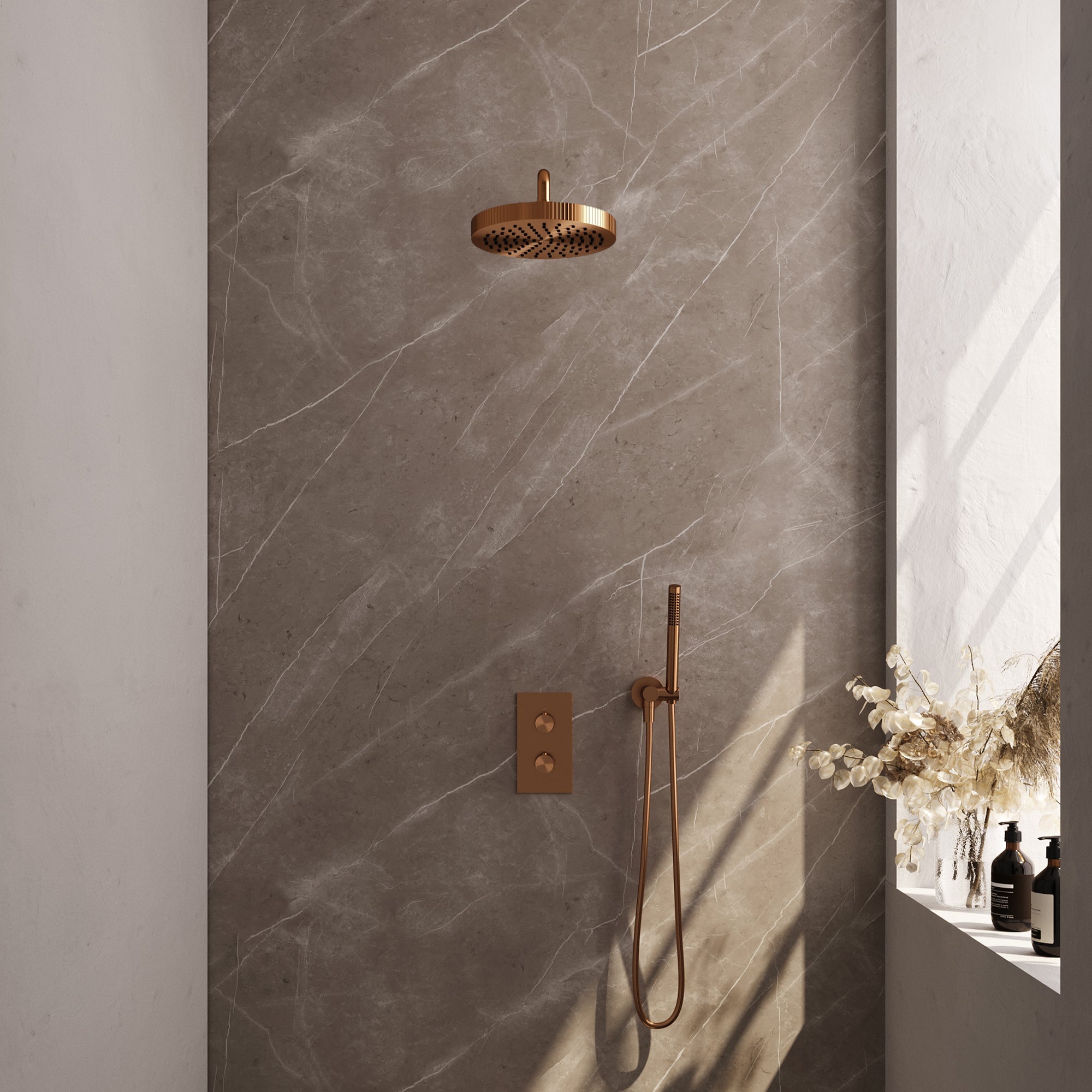 Brauer Stripe thermostatische inbouw regendouche rechthoekig - gebogen wandarm - staafhanddouche - wandhouder - Geborsteld Koper PVD