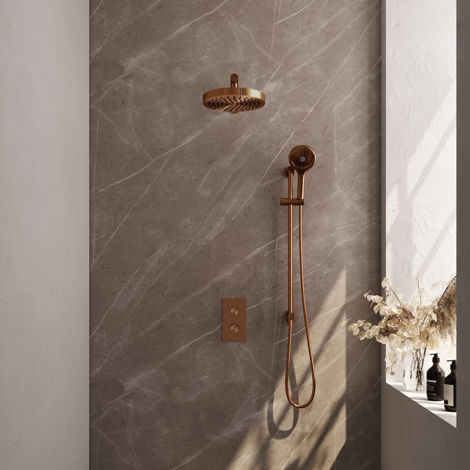 Brauer Stripe thermostatische inbouw regendouche rechthoekig - rechte wandarm - 3-standen handdouche - glijstang - Geborsteld Koper PVD